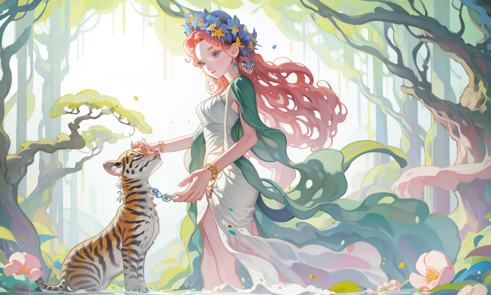 masterpiece, best quality, cute, under tall trees, 1girl, forest flowers, stars, jungle palace, trees, streams of light, jungle animals, goddess