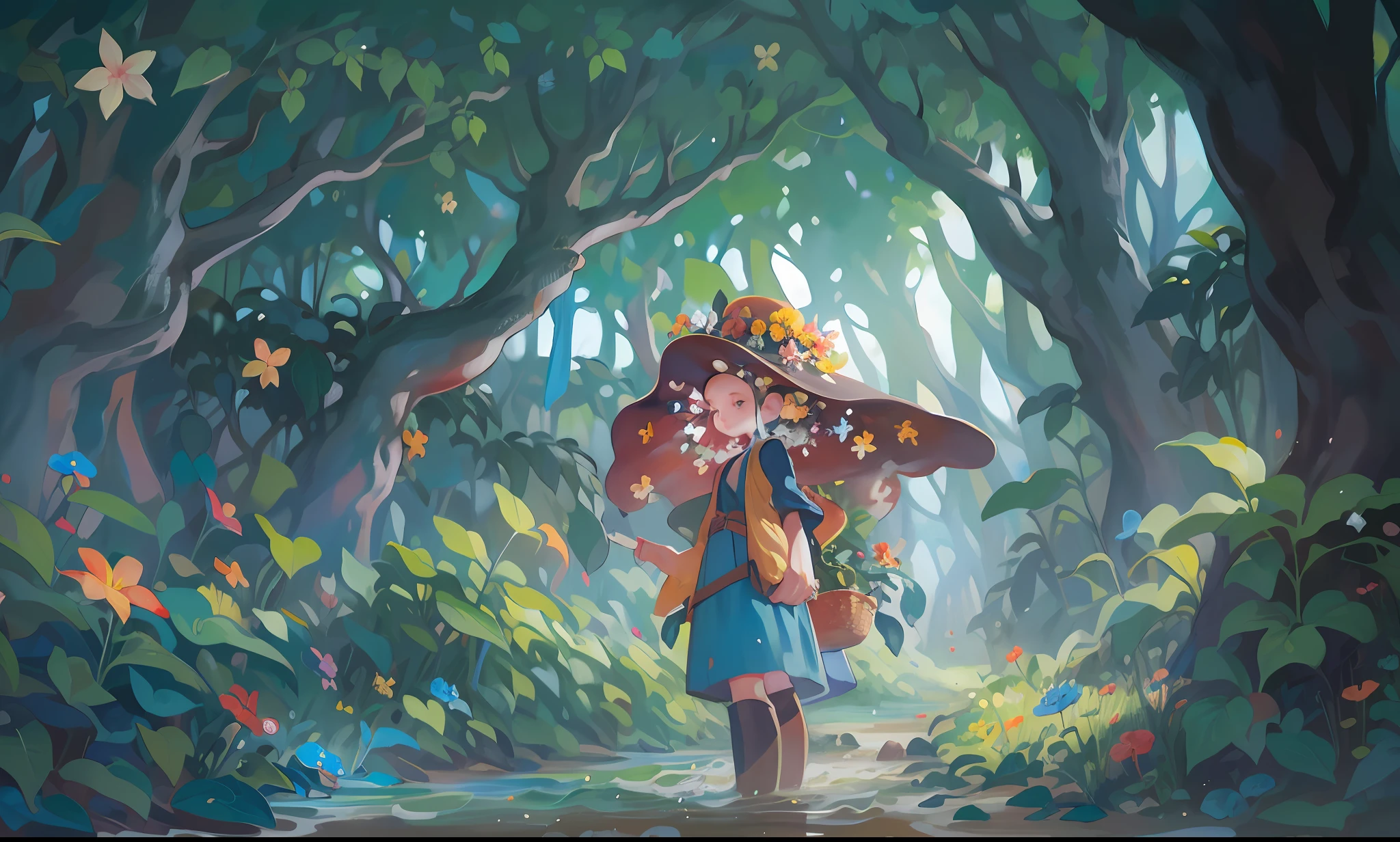 masterpiece, best quality, cute, vibrant, colorful, stars, under tall trees, 1girl, forest flowers, stars, jungle palace, trees, streams of light, jungle animals, (mysterious:1.5) fog, adventuring outfit, explorer