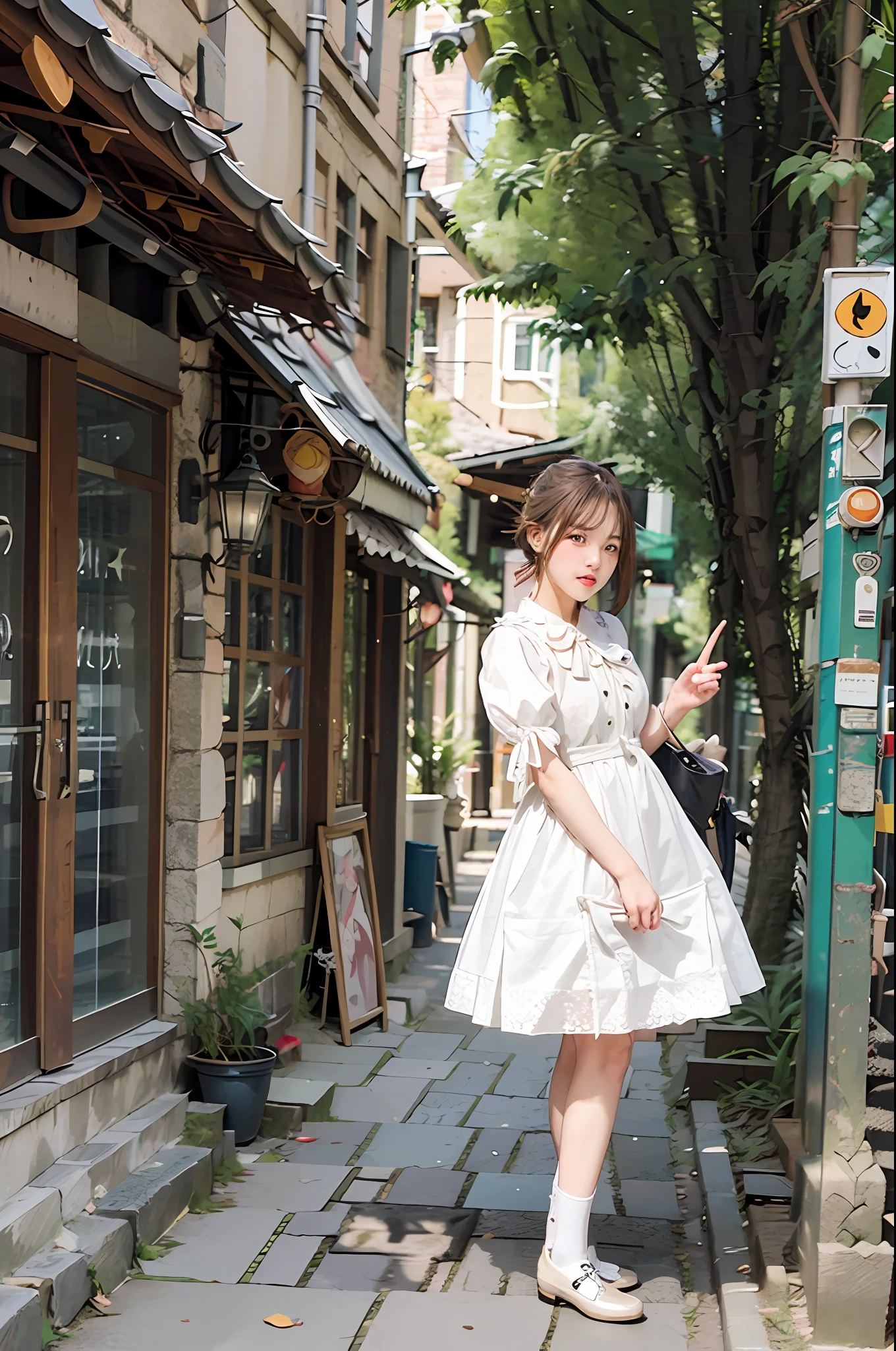 top-quality, masterpiece, 超A high resolution, 1 girl in, cute little, White ta Dress, White Socks, pumps, Sunny, street, dynamic light and shadow, double ponytails, Colored Hair