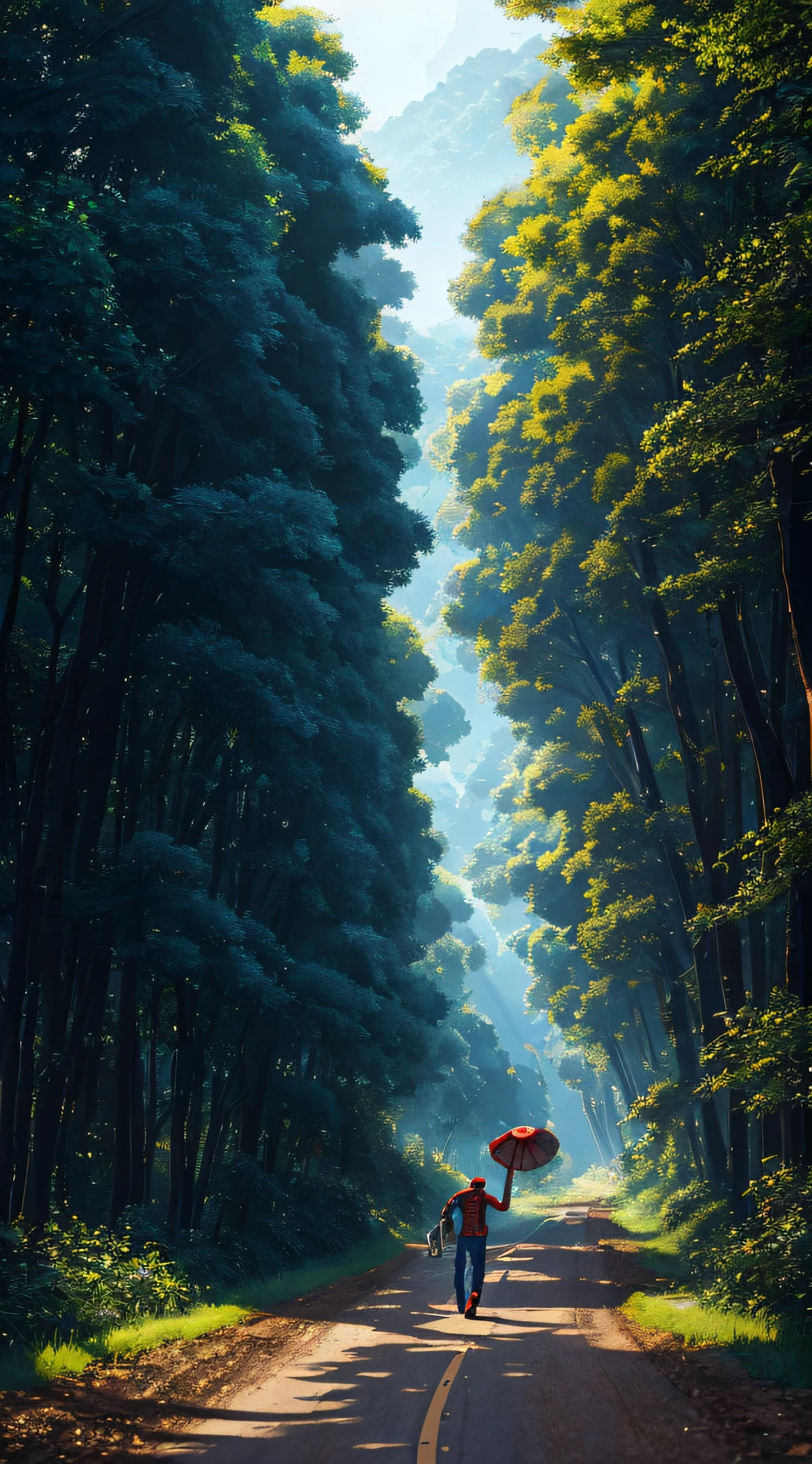 Man in Spider-Man costume picks up flat stretcher,Walk the winding roads of the countryside,Large clouds、blue-sky、Rice fields,There are neat rice seedlings in the field,ln the forest,hillside,Quiet,Rustic,high definition detail、Hyper-detailing、cinematic ligh、ultra-realistic realism、Soft light、Deep field focus bokeh、Ray tracing and surrealism。 --v6