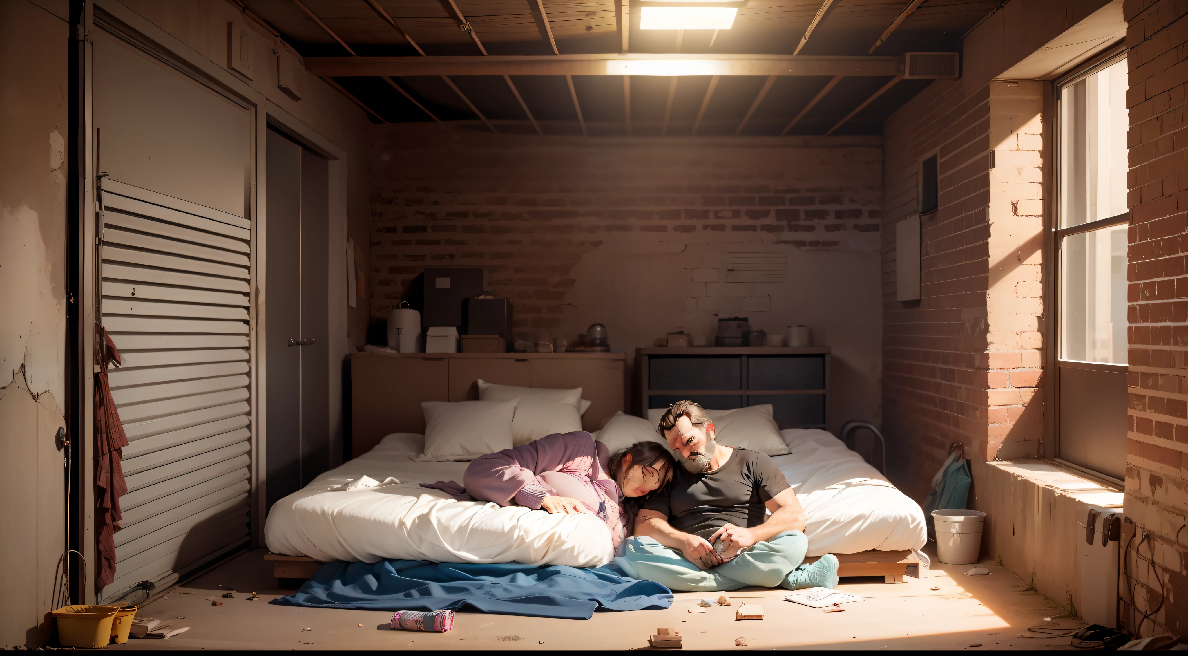 Man and middle-aged woman sleeps in a dark and dirty basement