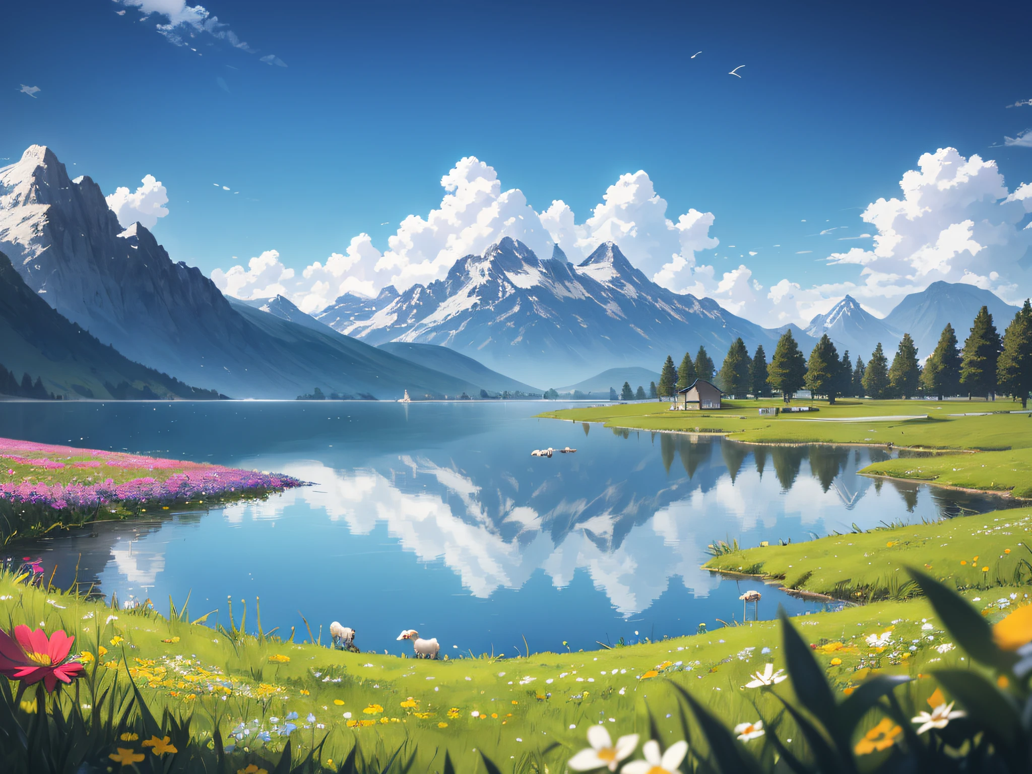 Summer, meadows, a few small flowers, clear lakes, sheep, heaven, large clouds, blue sky, hot weather, HD detail, hyper-detail, cinematic, surrealism, soft light, deep field focus bokeh, distant vistas are snowy mountains, ray tracing, and surrealism. --v6