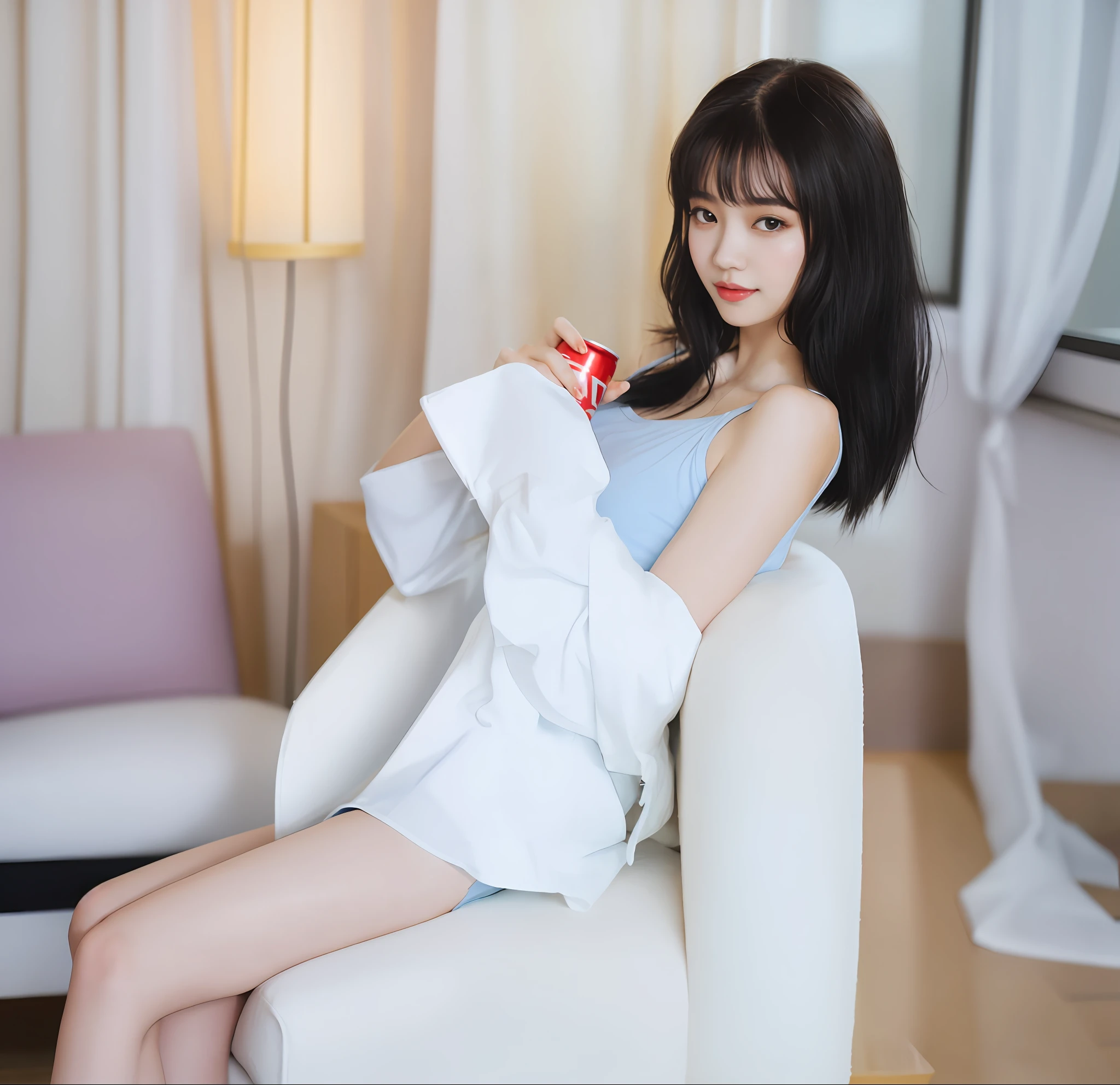 There was a woman sitting on the sofa holding a cup, wearing white camisole, wearing white pajamas, Gorgeous young Korean woman, Milky white skin, Korean girl, Beautiful young Korean woman, photo of slim girl, Korean woman, photo of slim girl model, soda themed girl, beautiful Korean women, dressed in simple robes, sitting in bedroom, A young Asian woman