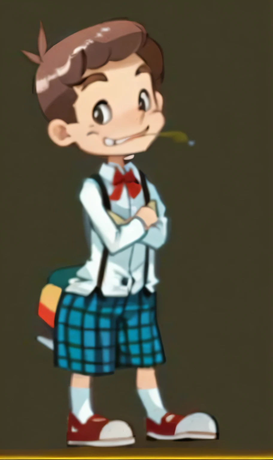 A cartoon boy in a school uniform holds a book, Fanart, inspired by Luigi Kasimir, concept art of single boy, full body portrait of a short!, Avatar image, a character based on a haggis, very stylized character design, inspired by Steve Argyle, Herren. nimbus character design, Inspired by Tommaso Dolabella, animated still, Fanart ",Perfect facial features --auto