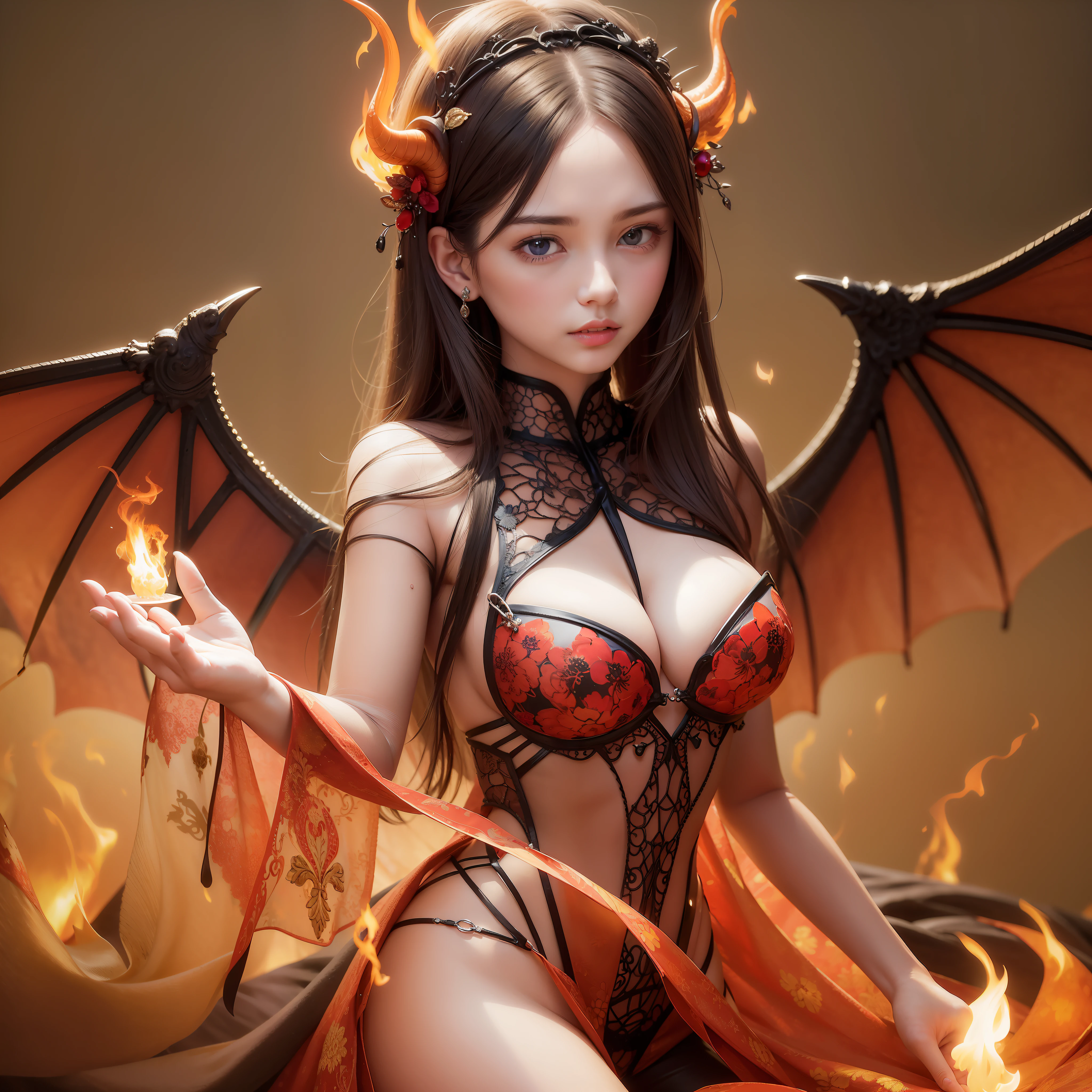 top-quality、masterpiece、8k、delicate、Photoquality、Live Action、vampire、a beauty girl、Devil's Wings、Coming with outstretched hands、Flames swirl in the background