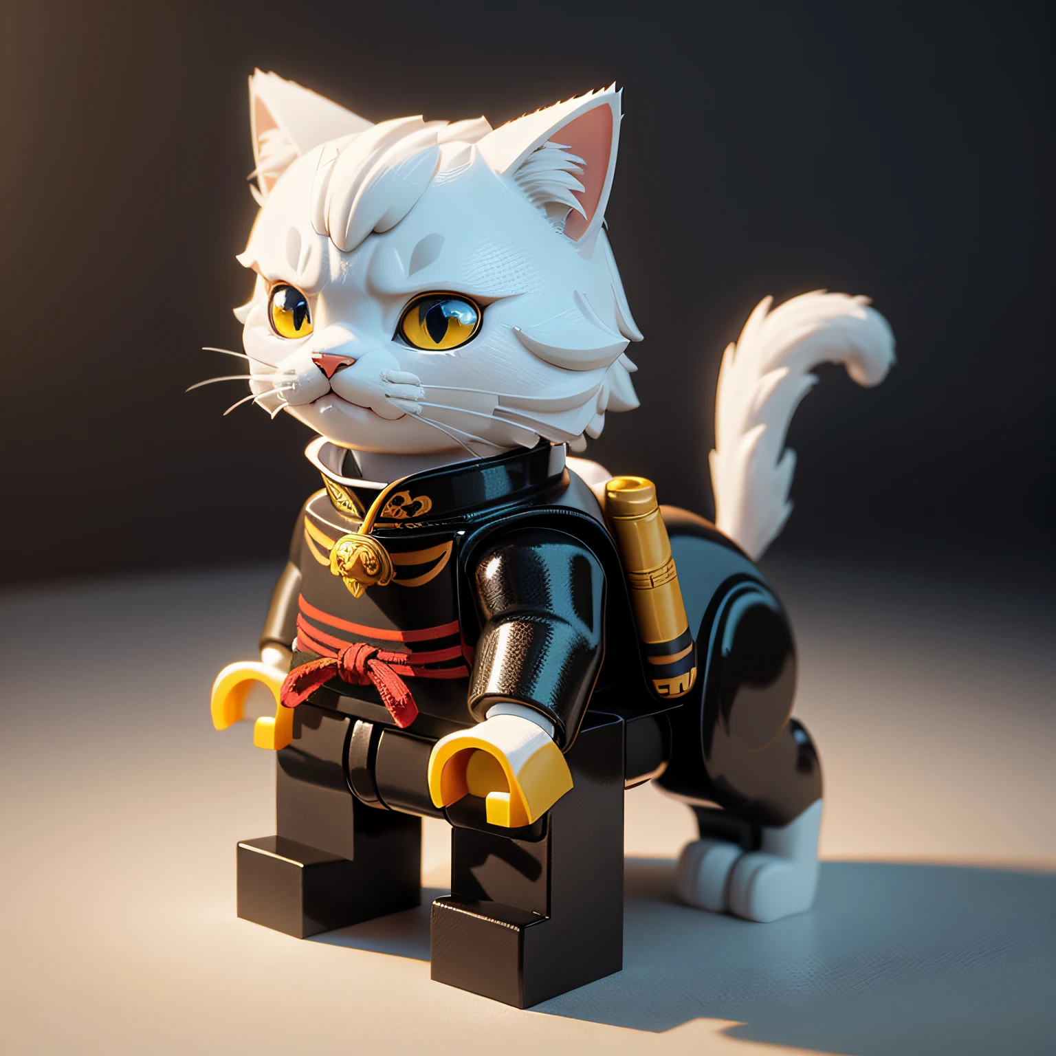 Lego cat on white background, Cats, Cats, cats, cats, Lego Characters, Rendering in Cinema 4 D, Render with Cinema4D, Styling with 3D rendering, Rendering with octane rendering, Octane rendering in 32K, Anthropomorphic samurai cat, Cute cat, cute 3d rendering, inspired by Zhu Da --auto
