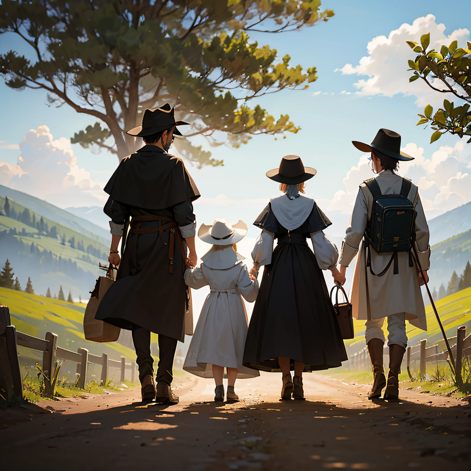 2 homens Peregrinos , 2 pilgrim women and 1 pilgrim walking together on foot on a dirt road with trees in the environment