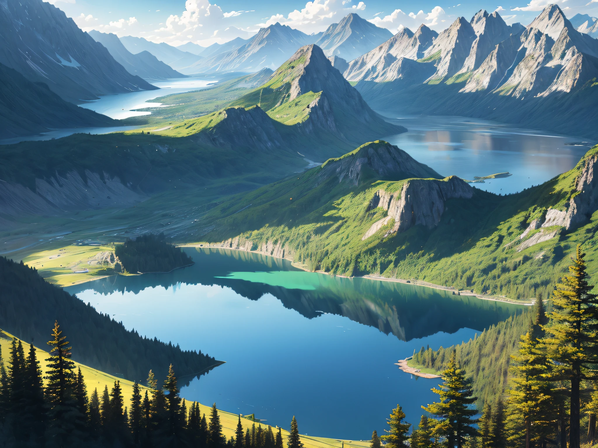 A, lake, brilliant sun, lake, glare, lighting, forests and mountains in the distance, original photo,