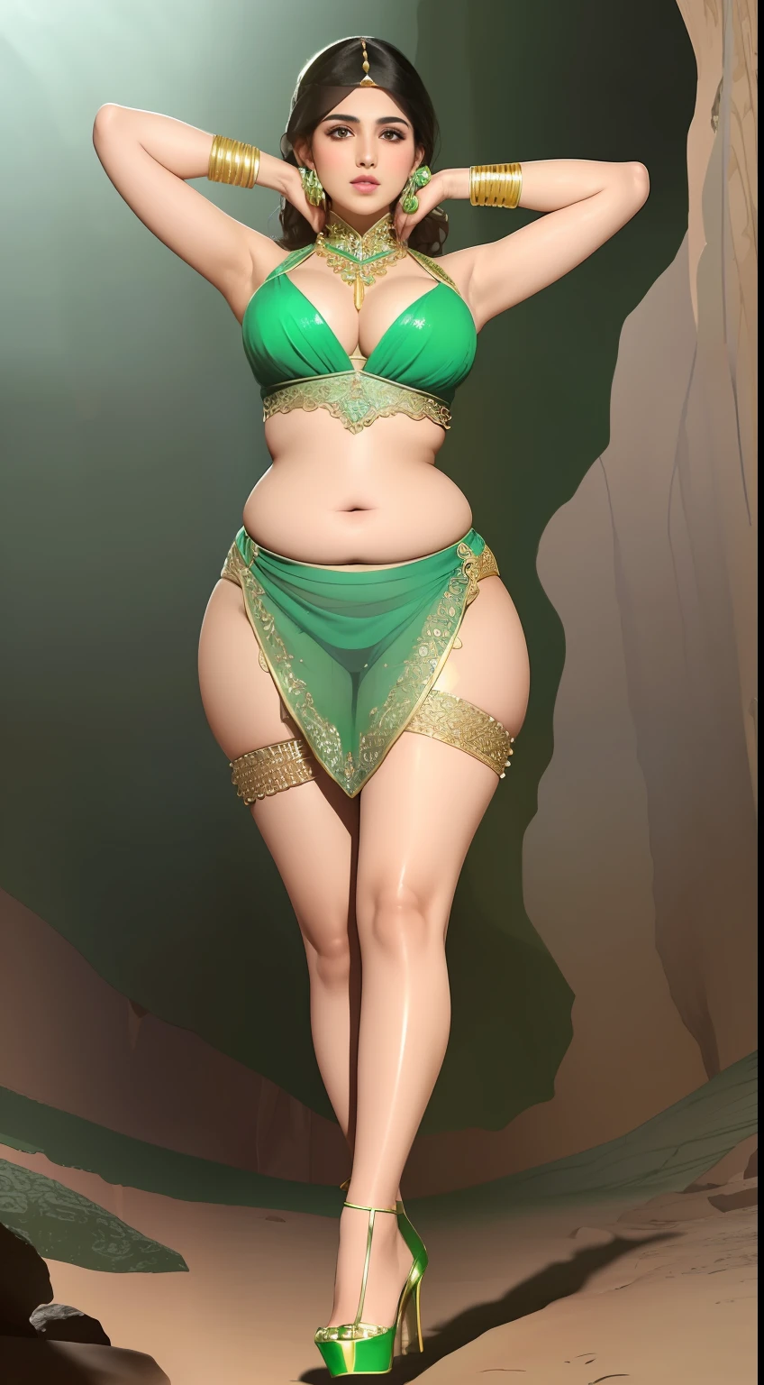 perfect face beautiful (arab:1.5) doctor in lace bra and saree wlop perfect full HDR body exposed midriff highleg loli (flat chest) curvy indian (armpits:1.4) bellydancer 8k chubby high res knees ankles , (plump:1.2) , cleavage (shiny skin:1.2) (full body shot:1.5) (high heels:1.5) lace bra walking down a path thong(cave:1.4) (green theme:1.3)