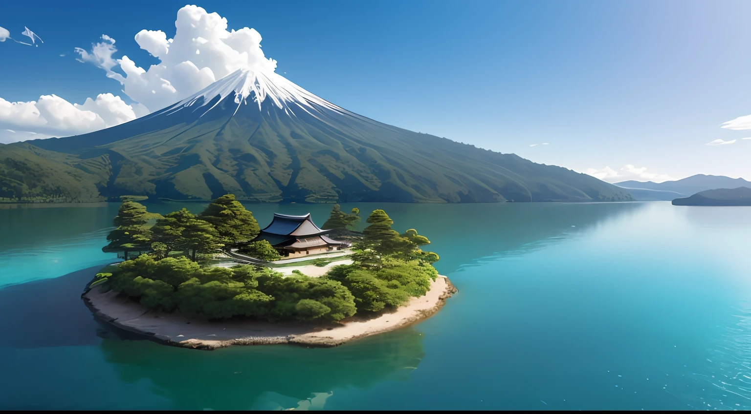 realistic Japanese naked girl on very small island in center of the lake --auto