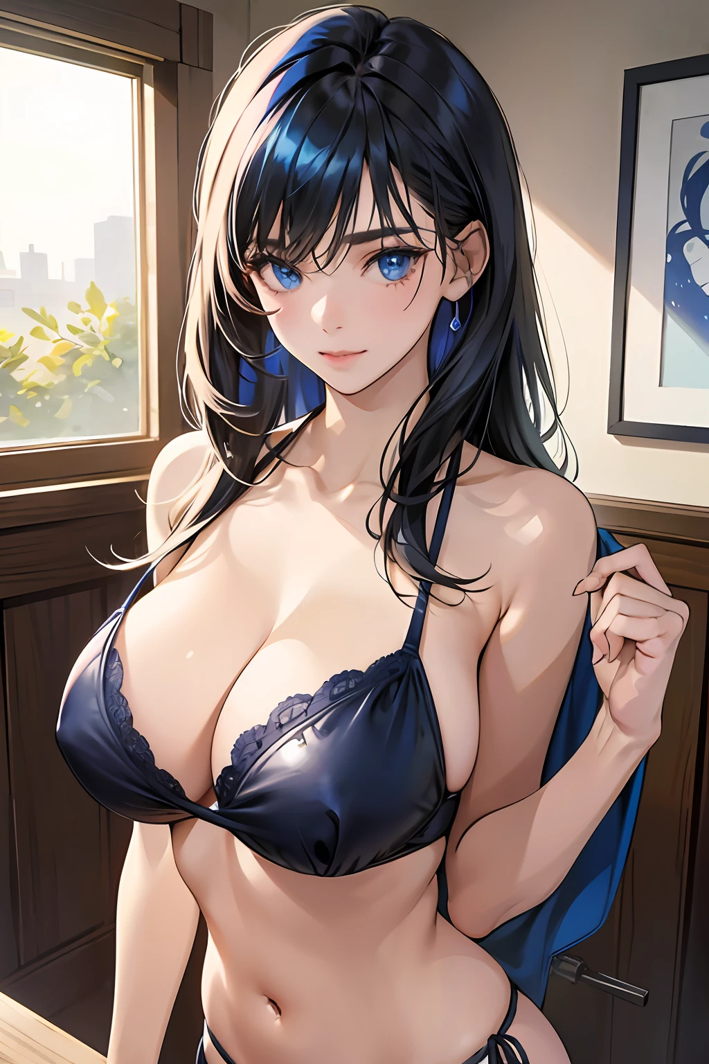 （best qualtiy，8K，tmasterpiece：1.3）），1girll，frontage：1.2，Beutiful women，：1.3，（casual hair，：1.2），blue bikini，inside in room，，Detailed eyes，二重まぶた，full bodyesbian，Big shiny breasts，Wear a leather band around your neck，Lewdness，Raised sexy，Large of breast，plumw，eBlue eyes --auto