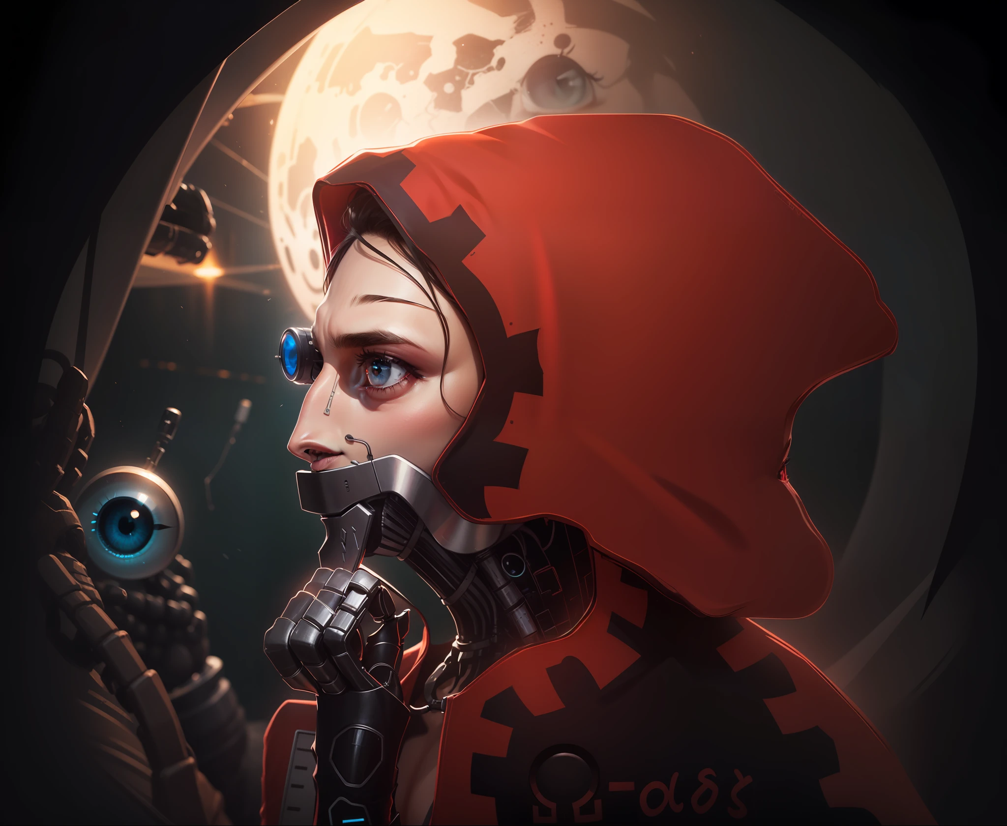 um homem, with a cybernetic eye, de manto vermelho,with cybernetic device in the throat
