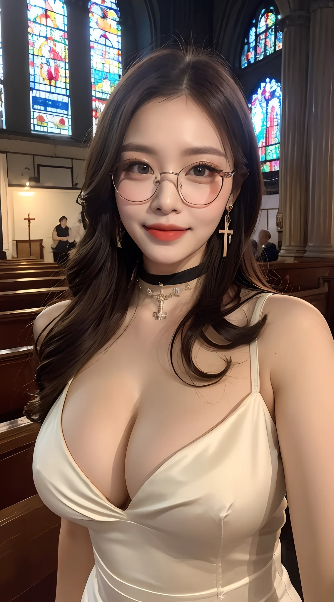 Beautuful Women，largeeyes，White and tender，eye shadows，black-frame glasses，Redlip，ssmile