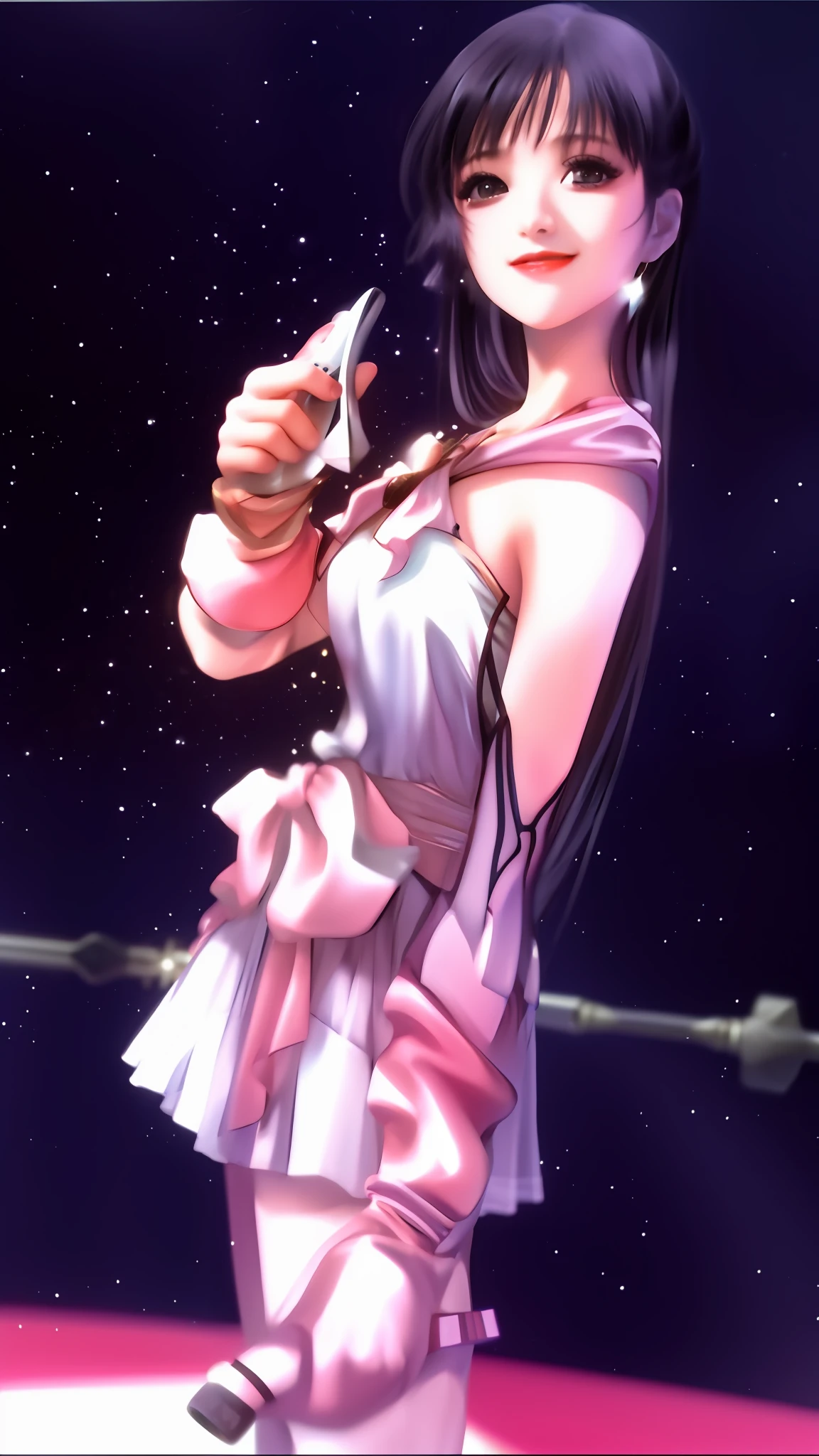 Black hair，Beautuful Women，Royal Sister，The corners of his mouth rise into a smile，Beautuful Women，with fair skin，Ruddy lips，Redlip，Hold the microphone in your hand，Starlight in the background，offcial art，Unity 8k wallpaper，The background glows，ultra - detailed，Aesthetics，tmasterpiece，best qualtiy，realisticlying，illuminating，Frankness，photore，A high resolution，4K，8K，Photoreal