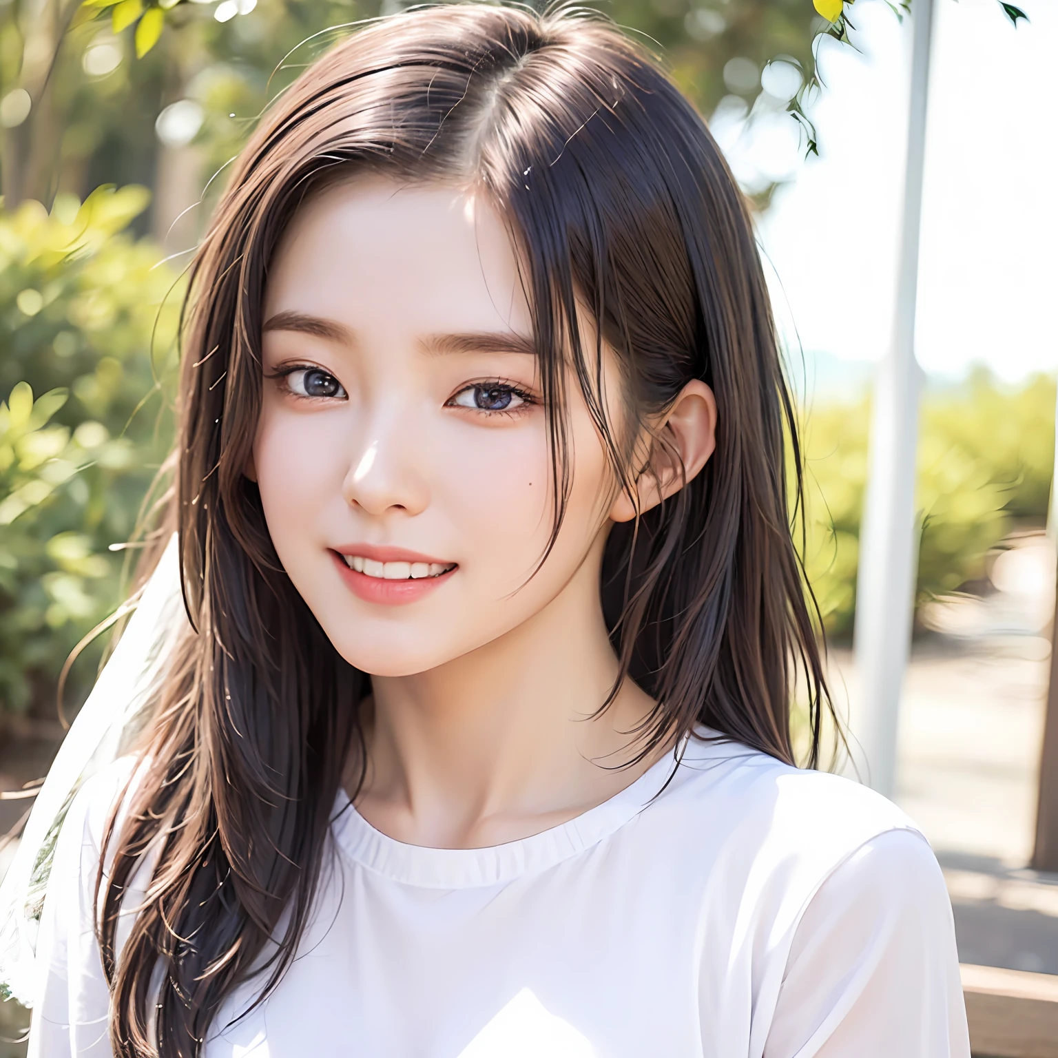 Very detailed eyes，very vey very detailed face，Best quality at best，Masterpiece，The is very detailed，ultra - detailed，（realisticlying，photographrealistic：1.3），ssmile，（facing the front there），looking at viewert，white  shirt，exteriors，1girl upper body，middle  breasts，Good light，Dark hair，teens girl