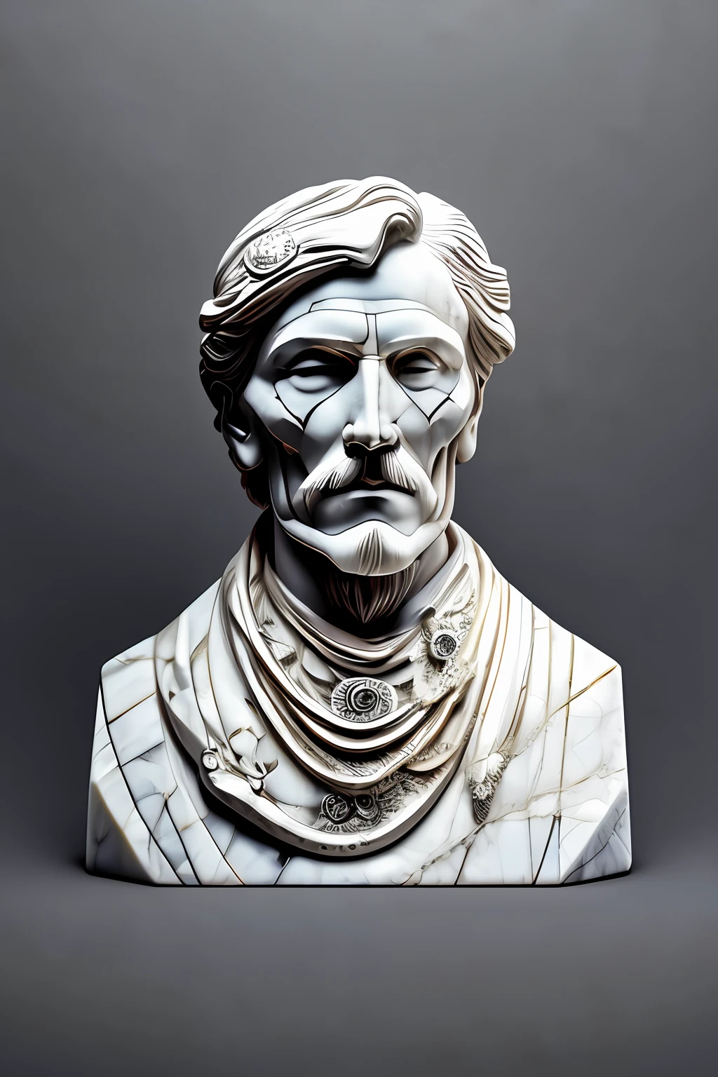 mockup, marble bust sculpture of geometric ancient undead priest warrior astrologist, full view, magical astrological esoteric symbols, Bauhaus, intricately decorated, medium shot, (black background:1.3)
