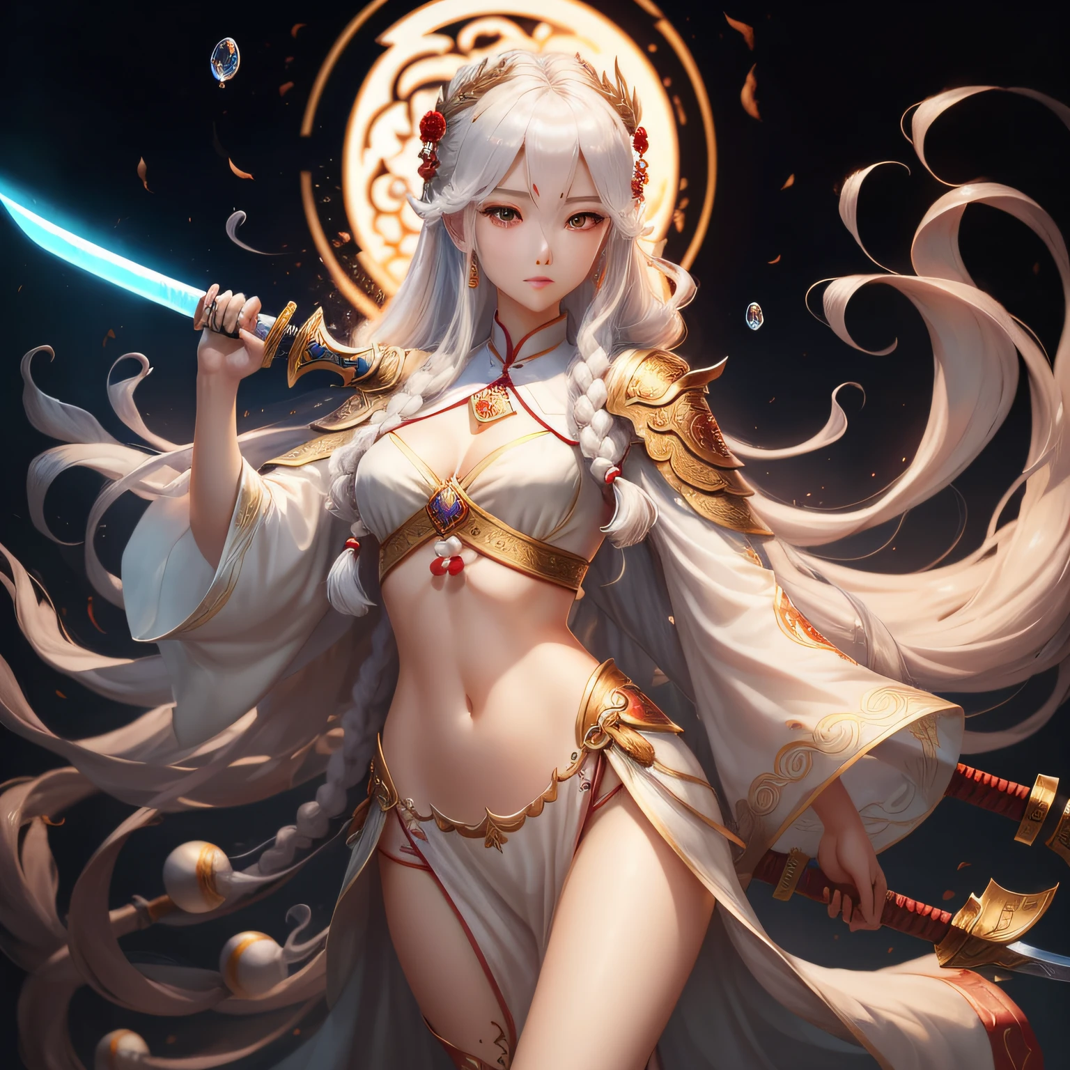 Kizi,Immortal Lu Xueqi,long whitr hair,Watery eyes,Long sword in hand,long leges,Small eyeballs,Redlip,Small mouth,Delicate facial features,Rounded chest,Bigchest,Delicate hands,Finger proportions are normal,exquisitedetails,Correct proportions,realisticlying,Delicate skin,perfectly shaded,电影灯光, --auto