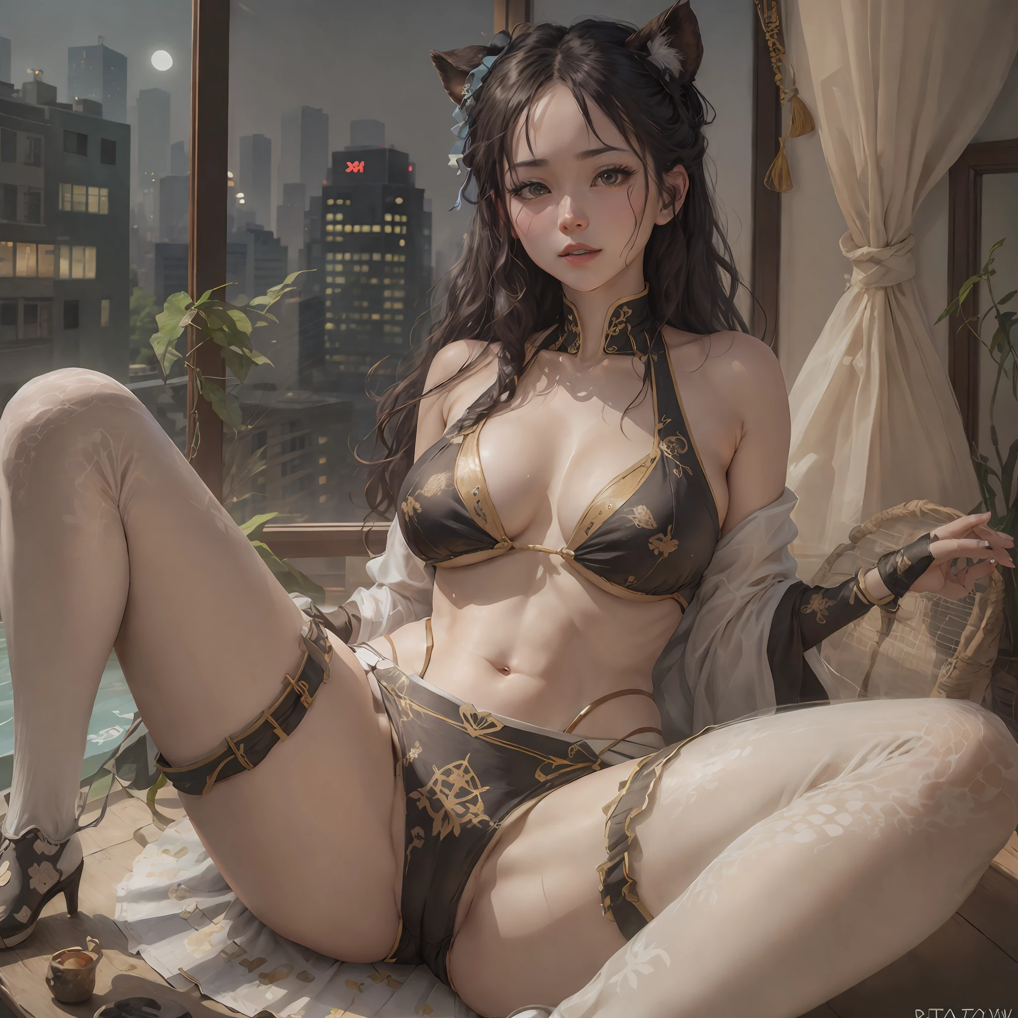 Ultra photo realsisim, Photo, Photorealistic, High quality, Realistic style, Full body, High definition, High quality, Realistic, shaded, Photorealism, Ray tracing, 8K, hyper HD, (jpn, toyko, CityView, In front of the window, Stand under the gaze, (Hyper-realistic), (illustratio), (A high resolution), (8K), (extremely higly detailed), (Most Best Illustration), (美丽细致的眼睛), (best qualtiy), (ultra - detailed), (tmasterpiece), ( the wallpaper), (Detailed face), 独奏, 1个Giant Breast Girl, looking at viewert, the detail, Detailed face, in the darkness nigth, deep shading, low tune, pureerosfaceace_V1, ssmile, A half body, See-through super little bikini, (( Camel hooves) ),, Long legs, Big breasts Thin waist, Cocked buttocks, Ultra-fine makeup, Ultra-fine lining, leg apart