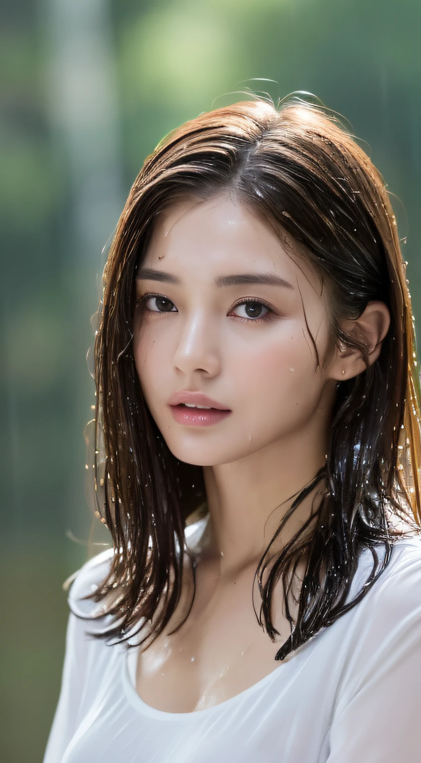 (Best quality, 4k, Masterpiece :1.3), pretty woman, 1girl, (breasts, attractive body :1.2), abs :1.1, dark brown hair: 1.1, (rainy wet, wet from rain, wet body :1.2), ultra-detailed face, detailed lips, detailed eyes, double eyelid