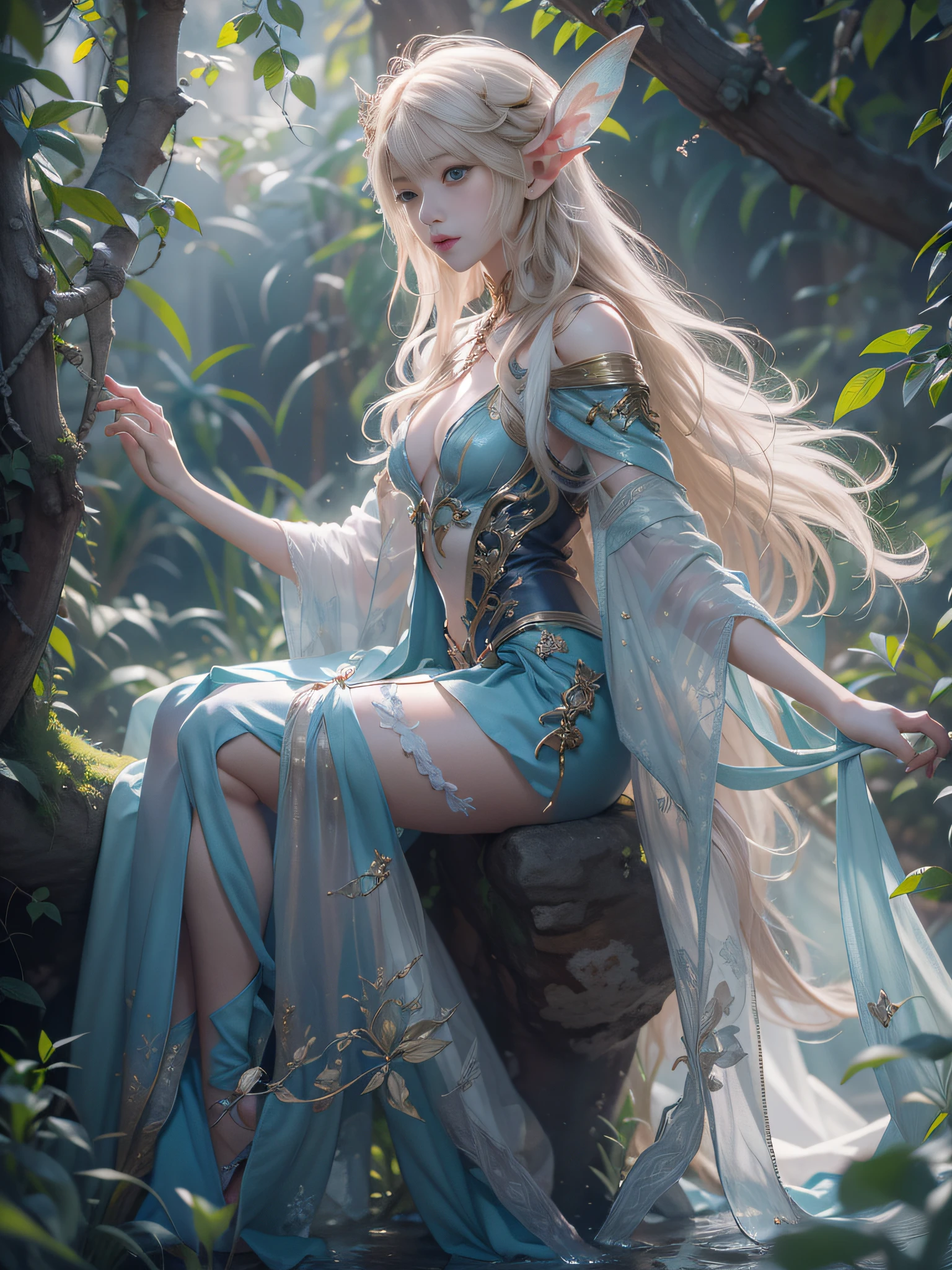 Red and purple dream color system、Sense of fate、top-quality、Master Layout,illuminating,full body Esbian,Sunlight,Tsurime,blond woman in a,a blond,Blue eyes,A spring in a dense forest、elvish、Dressed in a fairytale costume、((small tits,Thin leg,skinny thigh)),Water Fairy、ethereal fantasy、Fairy Tale Aesthetics、astral fairy、beautiful and elegant elf queen、ethereal fairy tale、beautiful ancient frost witch、 Full body portrait,Fantasy aesthetics,fairy tale core、Anime Cosplay、ethereal beauty、Fantasy Art Style、Anime girl cosplay、ethereal fantasy、beautiful fairies,The deepest part of the realistic jungle,Conversations with Women Explorers,extremely detailed eye and face、beatiful detailed eyes,