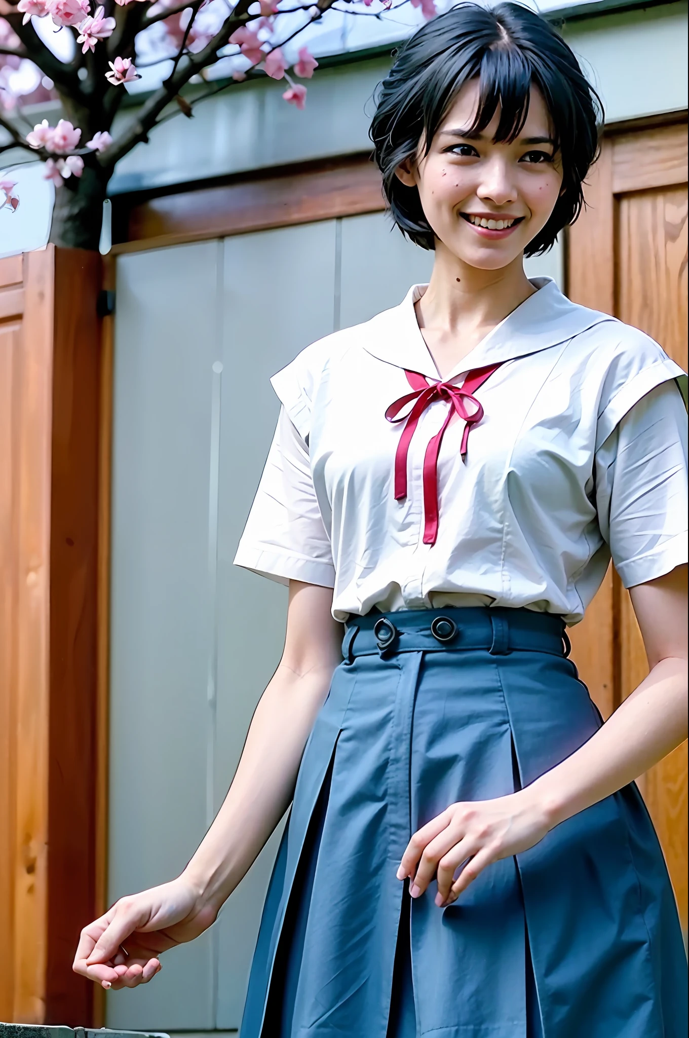 (8k, best quality, masterpiece:1.2), (realistic, photo-realistic:1.37), ultra-detailed, 1girl, ayanamirei, looking at viewer, light smile, blue short hair, red eyes, looking viewer, (blue hair), heavy hair, white gloves, light smile, city park, cherry blossoms, okyo-3_middle_school_uniform, red ribbon, school_uniform
