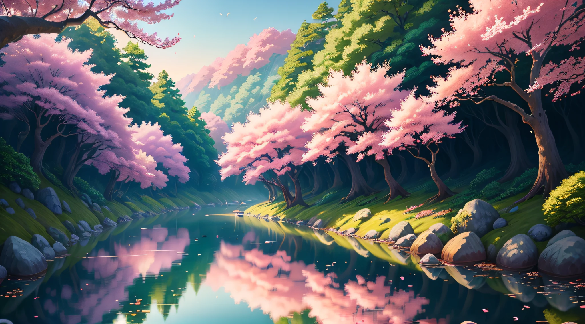(digital painting),(best quality), serene Japanese forest, cherry blossoms in full bloom, butterflies, trees, Ukiyo-e art style, Hokusai inspiration, Deviant Art popular, 8k ultra-realistic, pastel color scheme, soft lighting, golden hour, tranquil atmosphere, landscape orientation
