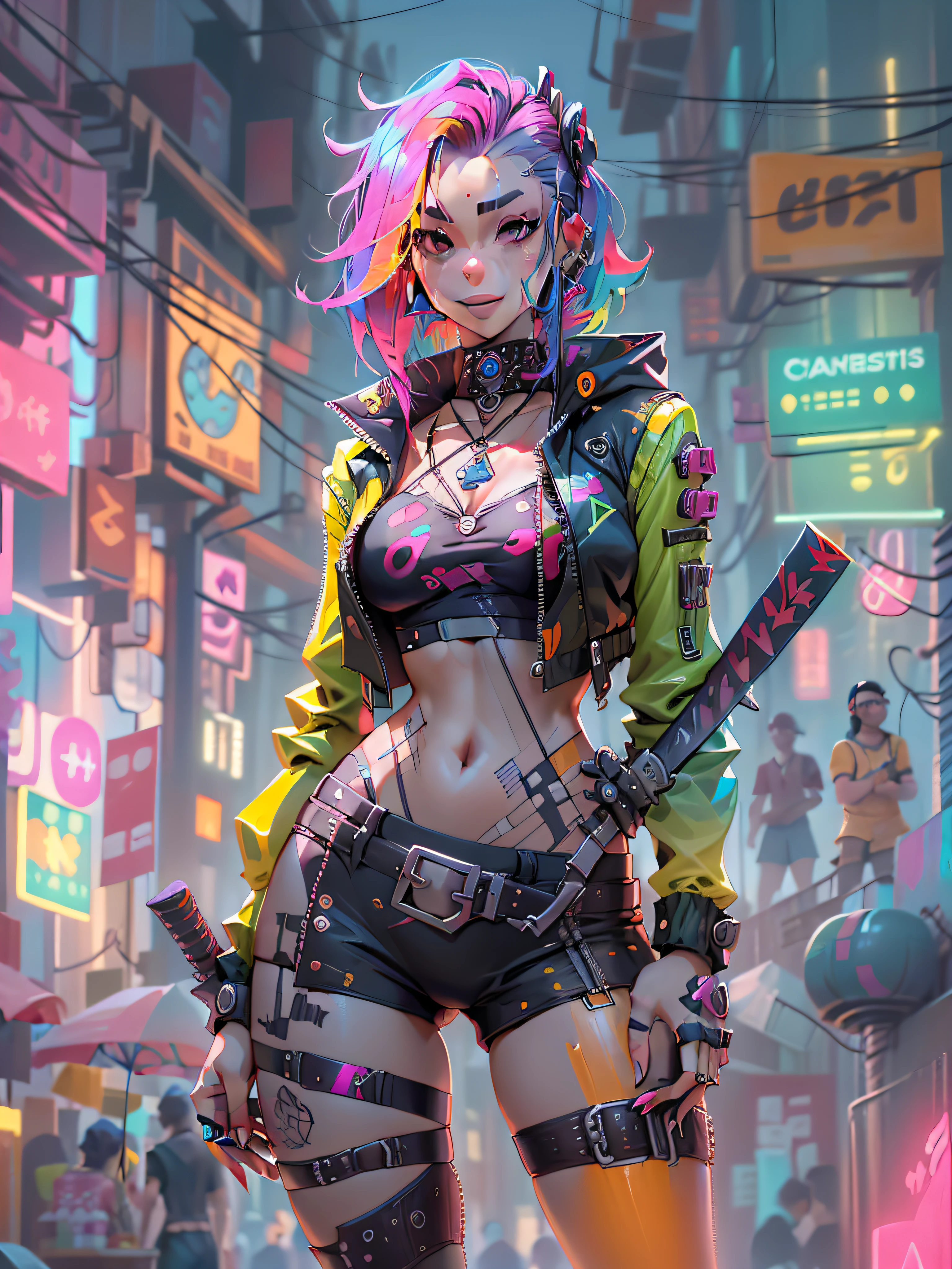 1Menina, no clube, Estilo cyberpunk, rainbow hair, sorriso maldoso, segurando uma katana, High cut swimsuit, pupilas amarelas,cybernetic skin, jaqueta samurai