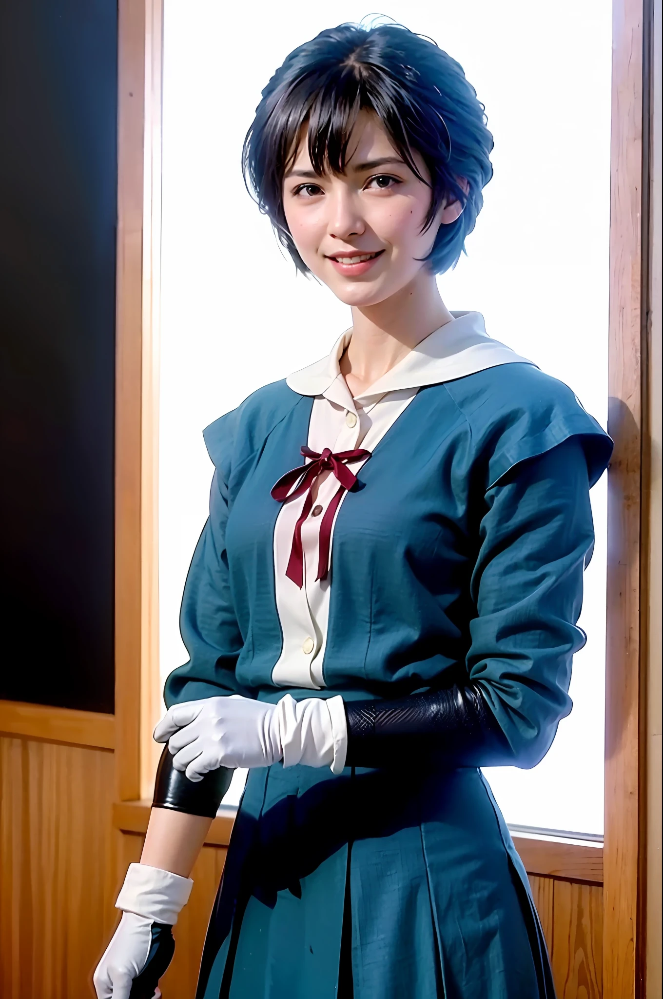 (8k, best quality, masterpiece:1.2), (realistic, photo-realistic:1.37), ultra-detailed, 1girl, ayanamirei, looking at viewer, light smile, blue short hair, red eyes, looking viewer, (blue hair), heavy hair, white gloves, light smile, city park, cherry blossoms, okyo-3_middle_school_uniform, red ribbon, school_uniform