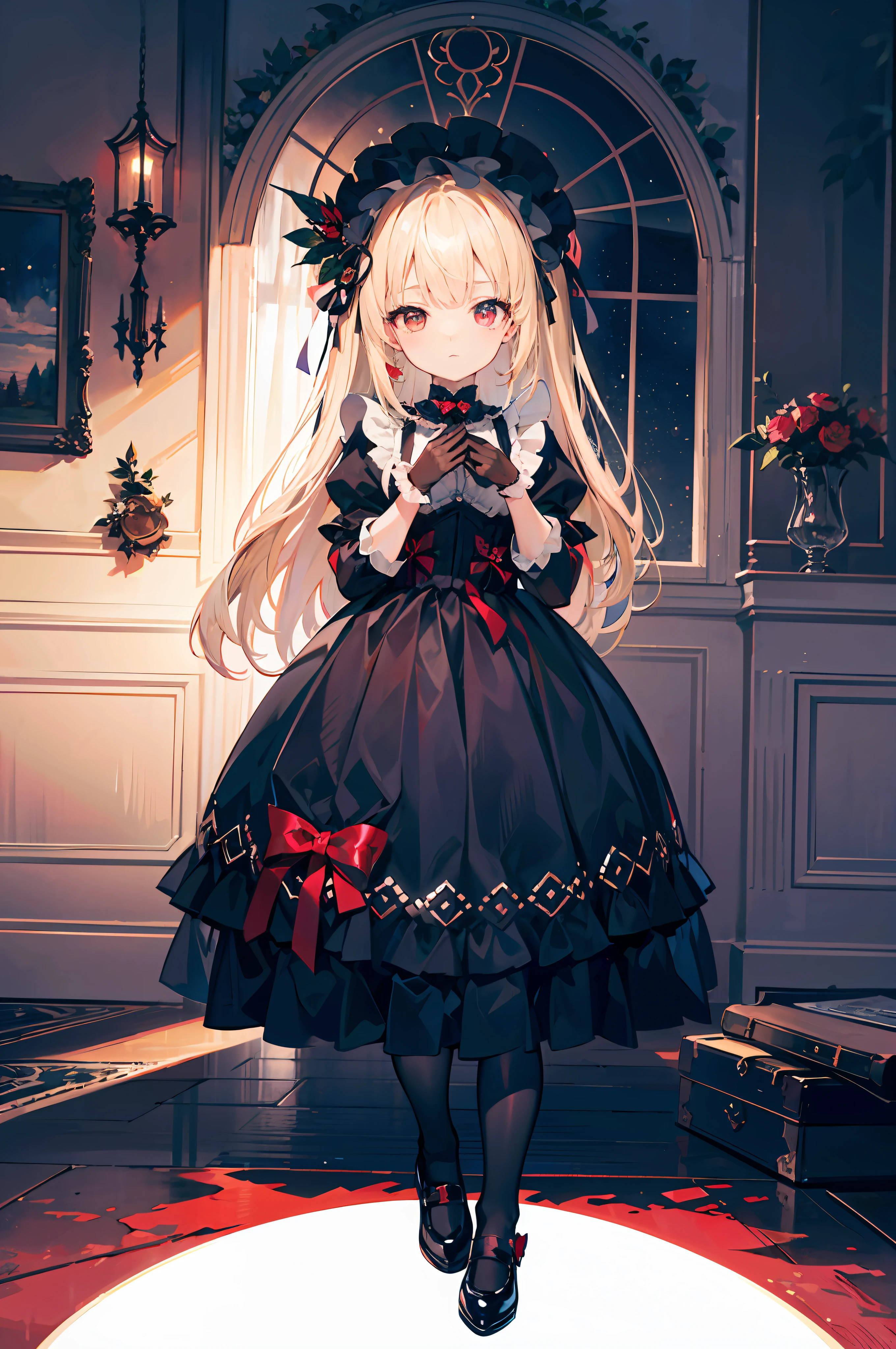 ta Gothic,Black pleated skirt,profile,incredibly_absurderes,Ray tracing,{Best quality}, {{Masterpiece}}, {A high resolution}, Original, Extremely detailed 8k wallpaper, 1girll, {An extremely delicate and beautiful},,Ray tracing,{Best quality}, {{Masterpiece}}, {A high resolution}, Original, Extremely detailed 8k wallpaper, {An extremely delicate and beautiful},,incredibly_absurderes,Colorful,intricately details,art book,,{Best quality}, {{Masterpiece}}, {A high resolution}, Original, Extremely detailed 8k wallpaper, {An extremely delicate and beautiful},,full body,Perspective,very wide angle shot,Overall view,,Red Moon,Starry sky,clusters of stars,Starry sky,glistening stars,,chies,A high resolution,Masterpiece,art of light novel,art of light novel,Vampire,Petite,loliashion,neat figure,Slender waist,Long hair,Red eyes,Blonde_Hair,looking at the distance,standing,hiddenhands,hiddenhands,Slim legs,Knees Together,Serious,Beautiful detailed eyes,Gothic_Lolita,Ped skirt,Loli,mary_jalace-trimmed_mitts,maid headdress,hair adornments,Cross necklace,cloaks ,Tiny_chest,Tiny_chest,ahoge,leg loops,