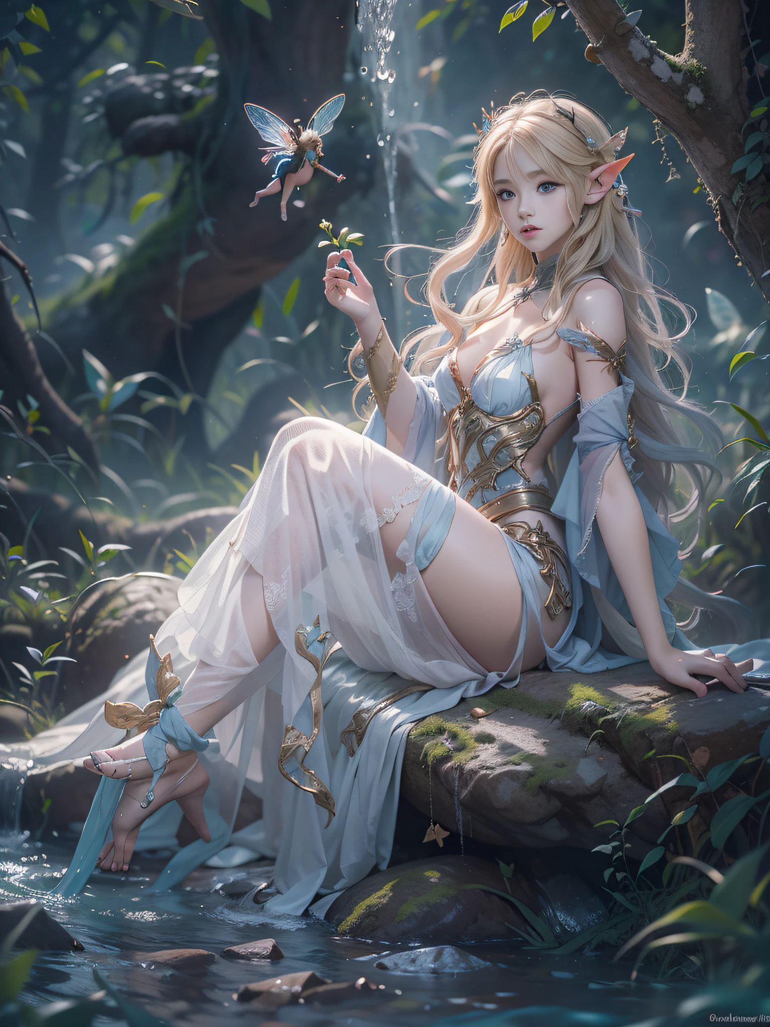 Red and purple dream color system、Sense of fate、top-quality、Master Layout,illuminating,full body Esbian,Sunlight,Tsurime,blond woman in a,a blond,Blue eyes,A spring in a dense forest、elvish、Dressed in a fairytale costume、((small tits,Thin leg,skinny thigh)),Water Fairy,Landscape with waterfall,ethereal fantasy、Fairy Tale Aesthetics、astral fairy、beautiful and elegant elf queen、ethereal fairy tale、beautiful ancient frost witch、 Full body portrait,Fantasy aesthetics,fairy tale core、Anime Cosplay、ethereal beauty、Fantasy Art Style、Anime girl cosplay、ethereal fantasy、beautiful fairies,The deepest part of the realistic jungle,Conversations with Women Explorers,extremely detailed eye and face、beatiful detailed eyes,