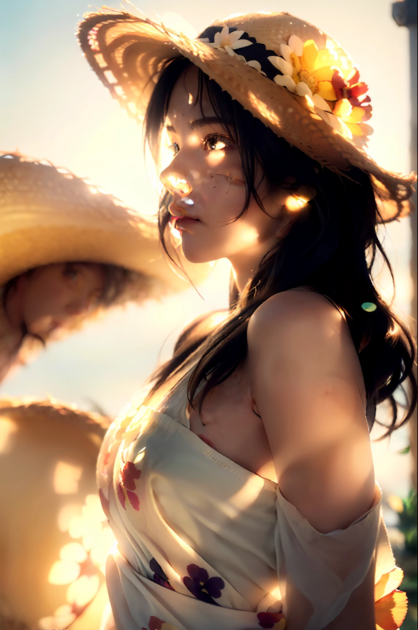 (extreme close up:1.5), (face focus:2),(Style of ???? ???:1.5),
((side face:2)),(1girl surrounded by soft_light:1.5), (backlighting:1.8), (lighting),(flowing fabric:1.3), ((Floral_summer_dress:1.5),(Straw_hat:1.3)),
(masterpiece), realistic, HDR, highly detailed, 8k, raw photo,
ambient occlusion, natural, harmonious composition, warm tones, fine art photography,