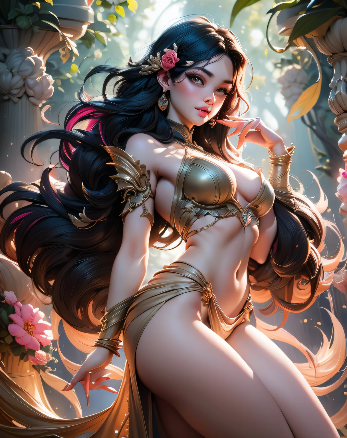 Lisa Frank Art Color, Full Body, Small Breasts, Perfect Buttocks, Beautiful Woman, Multicolored Long Hair, Multicolored Aurora, Art Face by Tom Bagshaw, Emile Vernon Style, Full Body Dynamic Motion Pose, Beautiful Woman with Long Hair, Jewelry gold, oil painting, fantasy, intricate, stunning highly detailed girl by Artgerm and Edouard Bisson, beautiful elegant, fantasy, flowers, forest, Highly Detailed, Digital Airbrush, photorealistic, Octane Rendering, black hair, black lips, gothic, rapunzel hair long, long golden and black hair, long golden and black hair, Digital Painting, soft skin wide eyes watercolor, style, sketch, Watercolor paiting, Watercolorist, Portrait of a beautiful girl with long curly hair, Vintage cartoon, GHIBLI , Artgerm, WLOP , Alphonse Mucha Intricately detailed hyper-detailed dynamic lighting Splash art trend in triadic colors Artstation Volumetric lighting Unreal Engine 5, See-through clothing, slight smile,, legs spread, View of pubic hair, 1 sexy girl in see-through forest clothing, breasts exposed, Open transparent T-shirt, Tattoos of mandalas and flowers, The best quality,