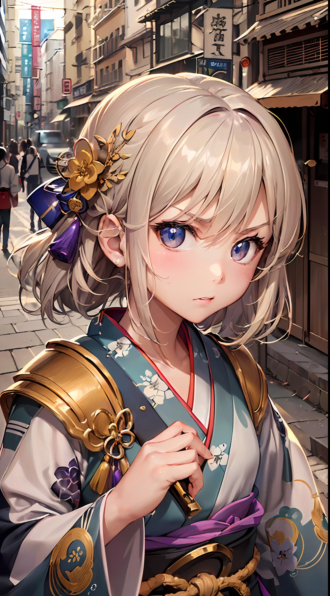 「(8k wallpaper:1.5)、(high-level image quality:1.3)、(animesque, illustratio:1.5)、(girl with、独奏、cute little:1.8)、(beatiful detailed eyes:1.5 )、(Angry face:1.3)、（low angles:1.2)、(s Armor、Kimono:1.5)、(A Japanese style、In the street、Sengoku:1.3)、(sepia, gradients:1.5)」