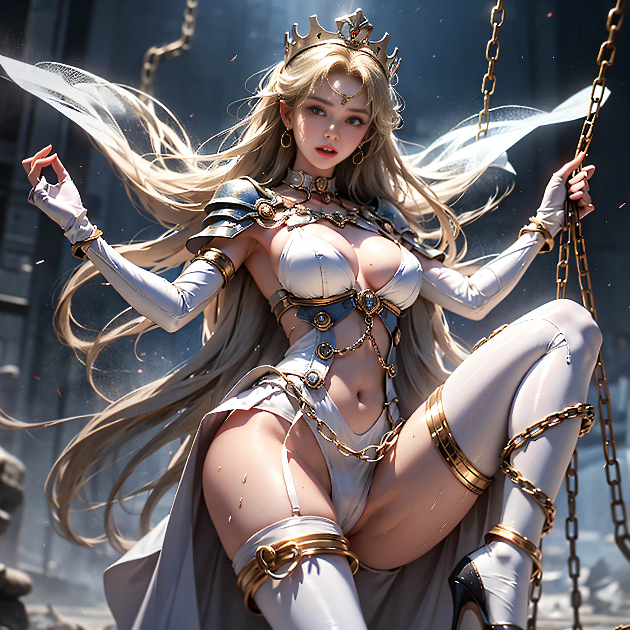 European princess（（The beauty straddles the iron rod）），Tiptoeing，（（Wearing tattered transparent clothes，Wearing tattered transparent clothes of fallen nobles）），（with no underpants，no brassiere）），eye closeds，Leather eye mask，Wet crotch，Wet thighs，Wet thighs，（（（nipple tips protruding，areola is protruding，The shape of is clearly visible））， White gorgeous dress （tied perfectly by chain）， Restraint， Slaves， Collar， defiance， （（（Tears flow， Crying in pain））， perspired， （（A wide prison with sunshine））， Surreal material for the princess crown，shattered wall，（（Torn costume））），soggy，The cloudy，（锁链）），（（big emphasized by chains）），（（The chain digs into the crotch）），Ultra-clear 8K，Pure white pointed toe heels，（（hands tied behind her back，Invisible hand）），（with no underpants，no brassiere），Broken costumes，，Boots with white knee pads，White combat gloves，Combat shoulder armor，junkyard， jewelery，long whitr hair，Torn Cape，Torn pantyhose，long leges，（（iron pipe in the crotch）），Metal shackles and shackles，（（Chains hanging from heaven）），The wet crotch is clearly visible，Under your feet are high heels made by Swarovski