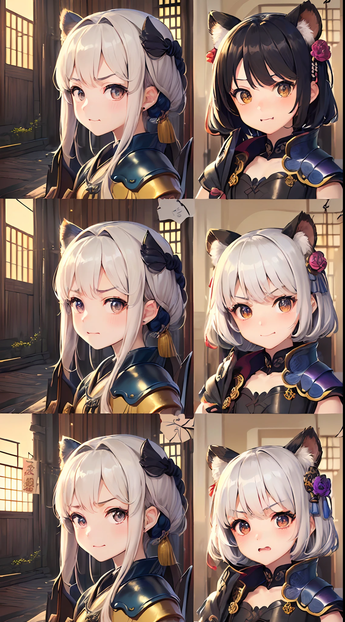 「(8k wallpaper:1.5)、(high-level image quality:1.3)、(animesque, illustratio:1.5)、(girl with、独奏、cute little:1.8)、(beatiful detailed eyes:1.5 )、(Angry face:1.3)、(low angles:1.2)、(s Armor、Kimono:1.5)、(A Japanese style、In the street、Sengoku:1.3)、(sepia, gradients:1.5)」