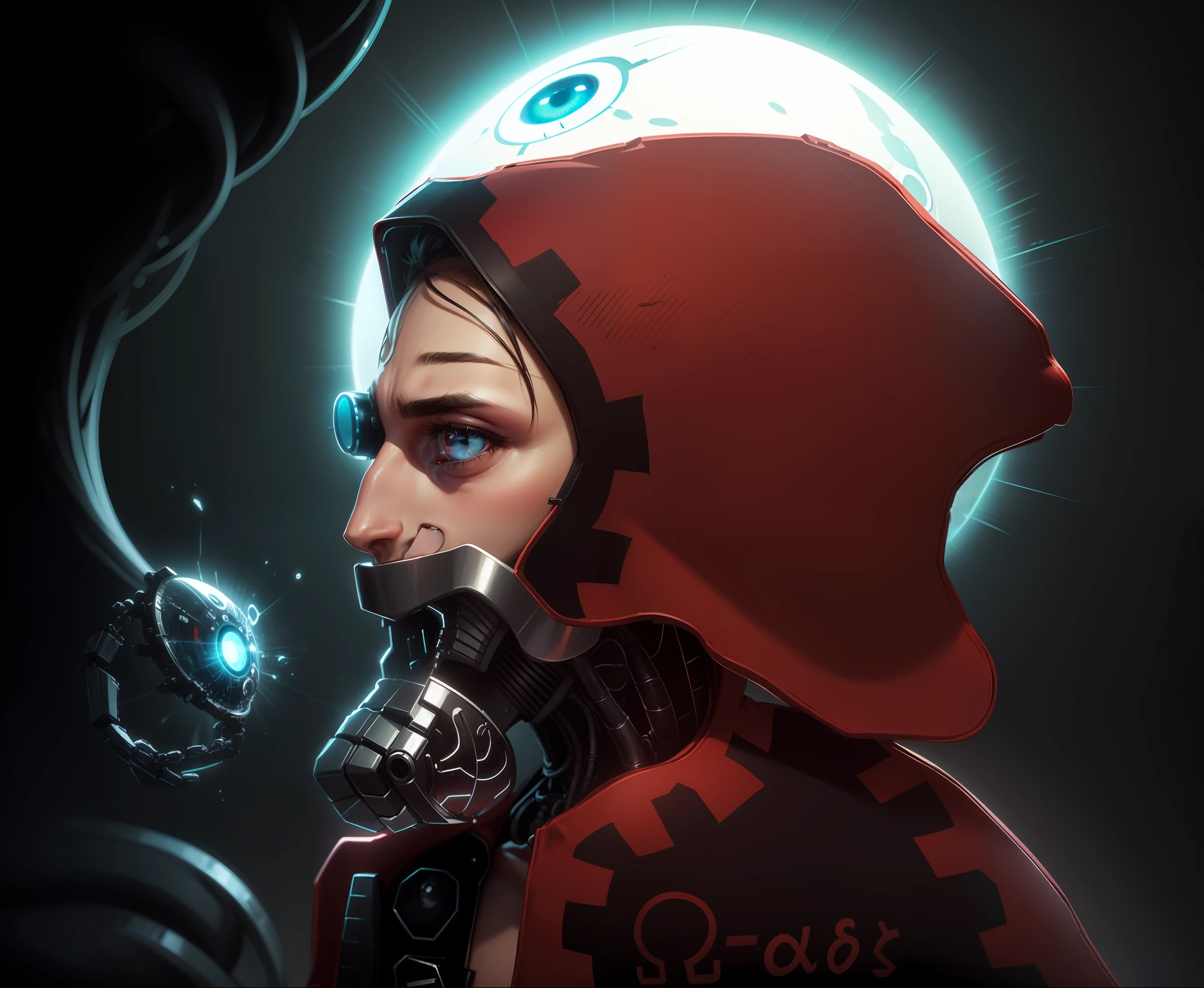 um homem, with a cybernetic eye, de manto vermelho,with cybernetic device in the throat