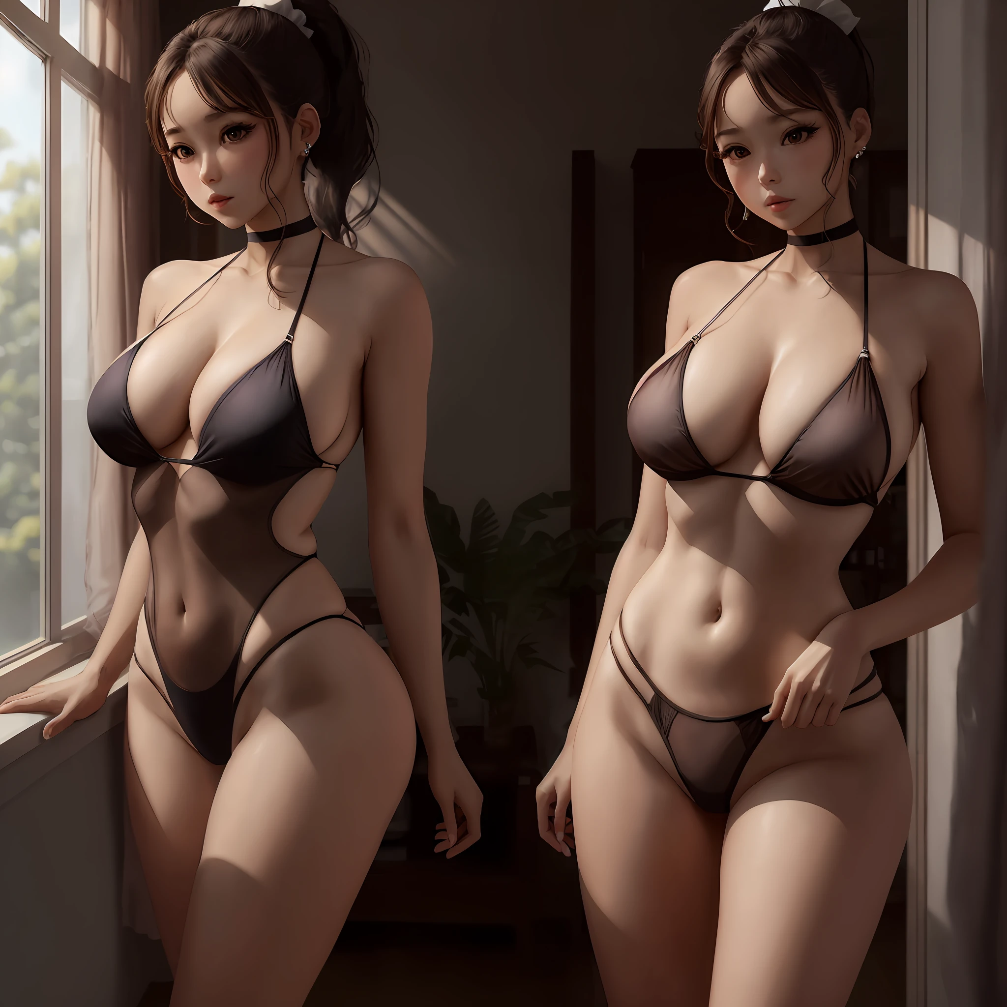 (High ponytail beauty),(Ultra photo realsisim),(Raised sexy),(Mini sheer swimsuit),(Reveal --auto