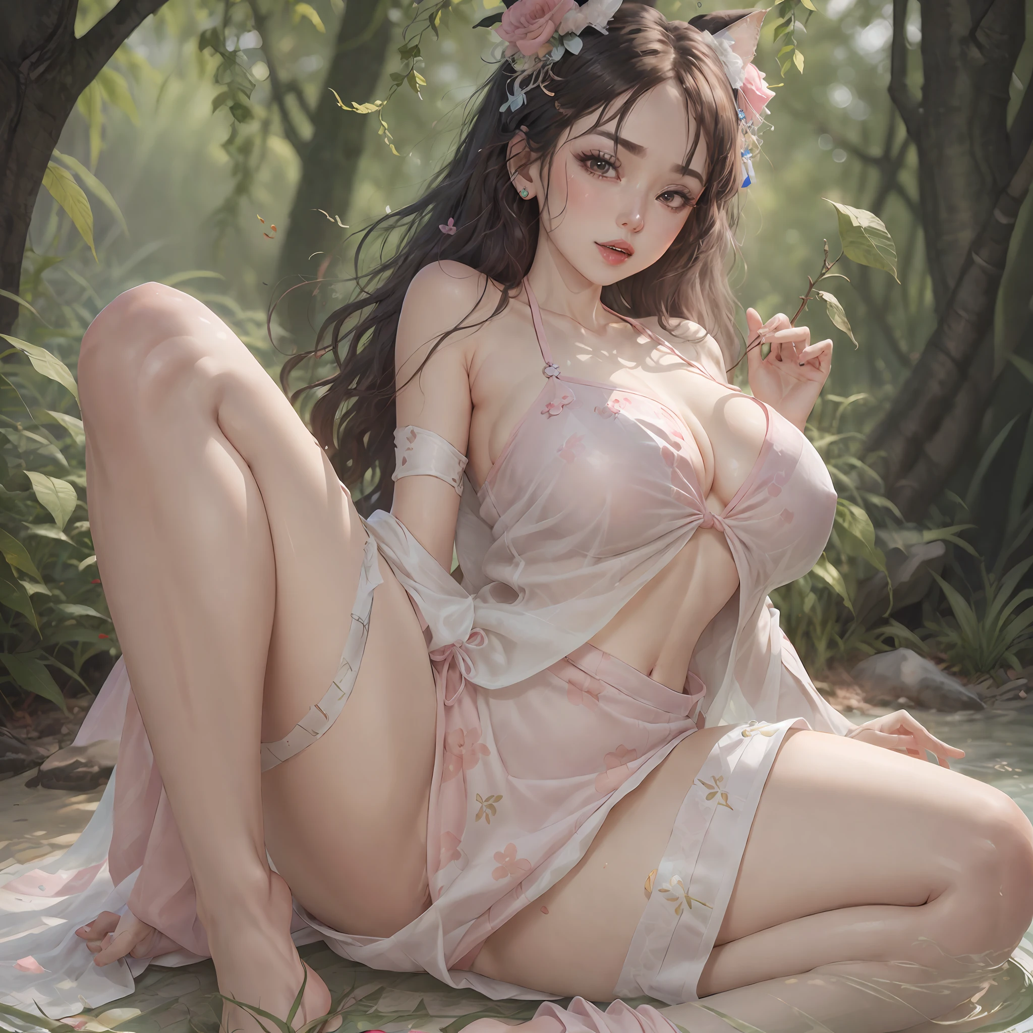 Best quality,Amazing,Masterpiece,Delicate,超高分辨率,Ultra detailed,intricately details,Beautiful detailed,8K resolution,(Extremely detailed Cg Unity 8K wallpaper),Sharp focus,((No text)),breast conscious,gigantic cleavage breasts,Areola Slip,Covered,Bursting breasts,Lively breasts,framed breasts,High transparent gauze light pink mini bikini，High transparent gauze light pink mini bikini，High transparent gauze light pink mini bikini,Tongue stock,Makeup,cheerfulness,Reflectors,ahegao,Pink eyes,Heart earrings,1,Solo,Female pervert,view the viewer,hair flower,Long hair,multicolored hair,Shiny hair,Barefoot,Bottomless,Thick thighs,Bare legs,Thighs open, Thighs open