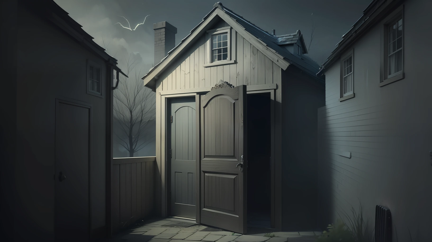 An spooky house, with open door, camera angle at the door.