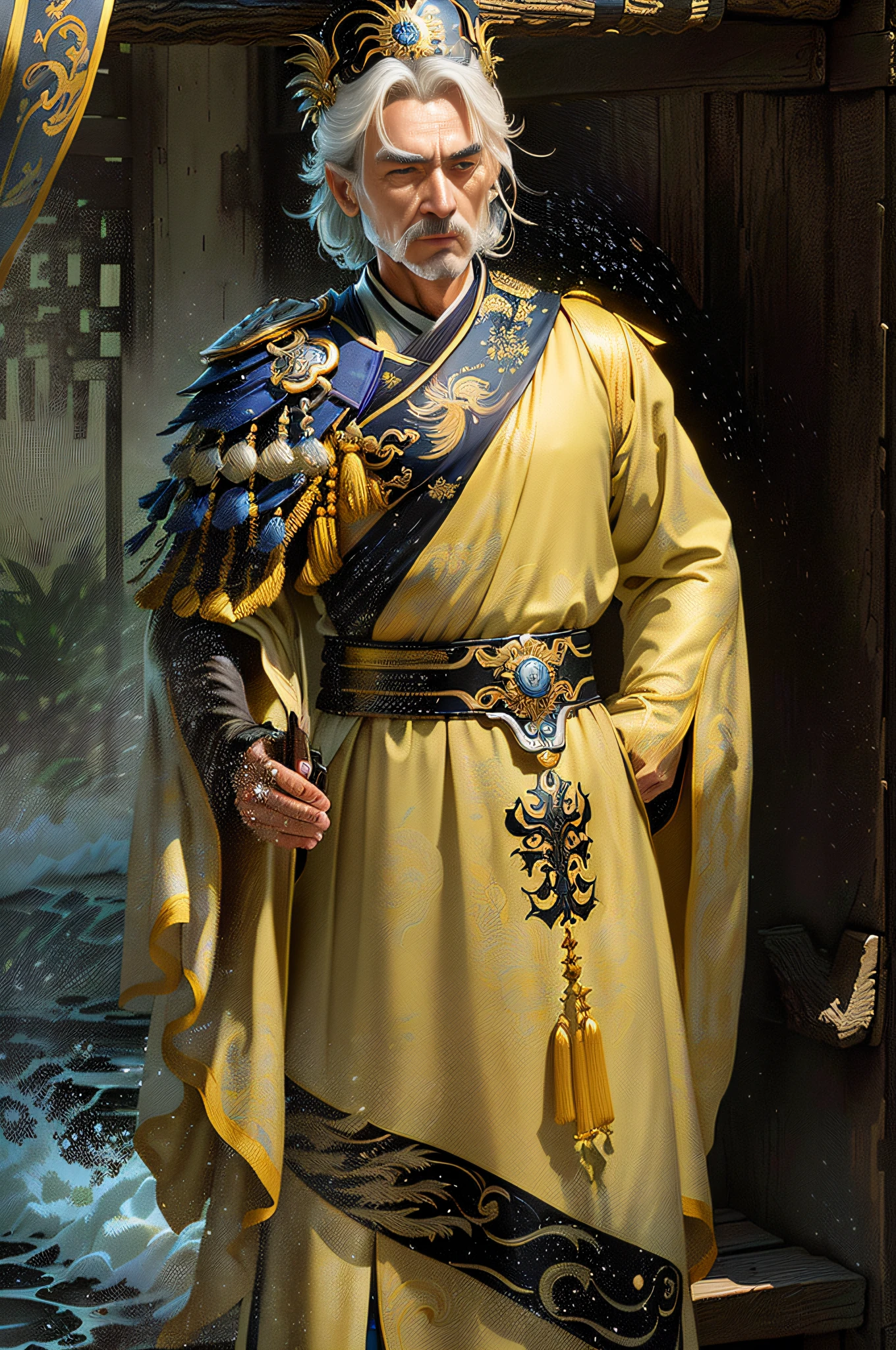 Uma obra-prima, a melhor qualidade, reflexos impressionantes, os melhores reflexos de todos os tempos. (very detailed 8k CG unit wallpapers), (melhor qualidade), (better illustrations), (melhores sombras), um homem chamado General Sun Tzu num campo de batalha segurando uma espada --auto