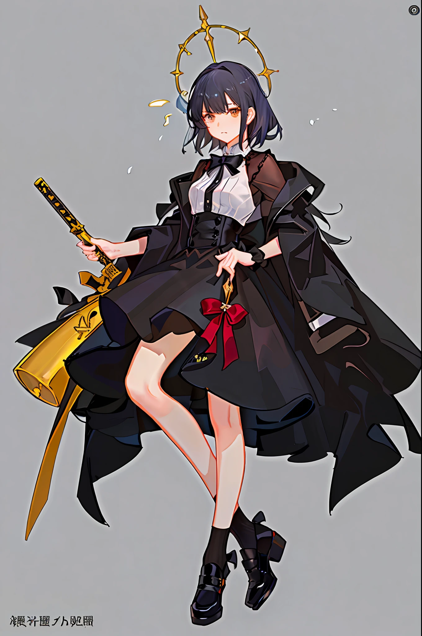 [(White background:1.5)::5], (Bottle bottom:0.9), 1 girl, Medium Shot Shot, full body,Black hair,Black dress,Red bow,Black shoes,bule eye,Long legs,right leg on,black sock, 城市，saber
