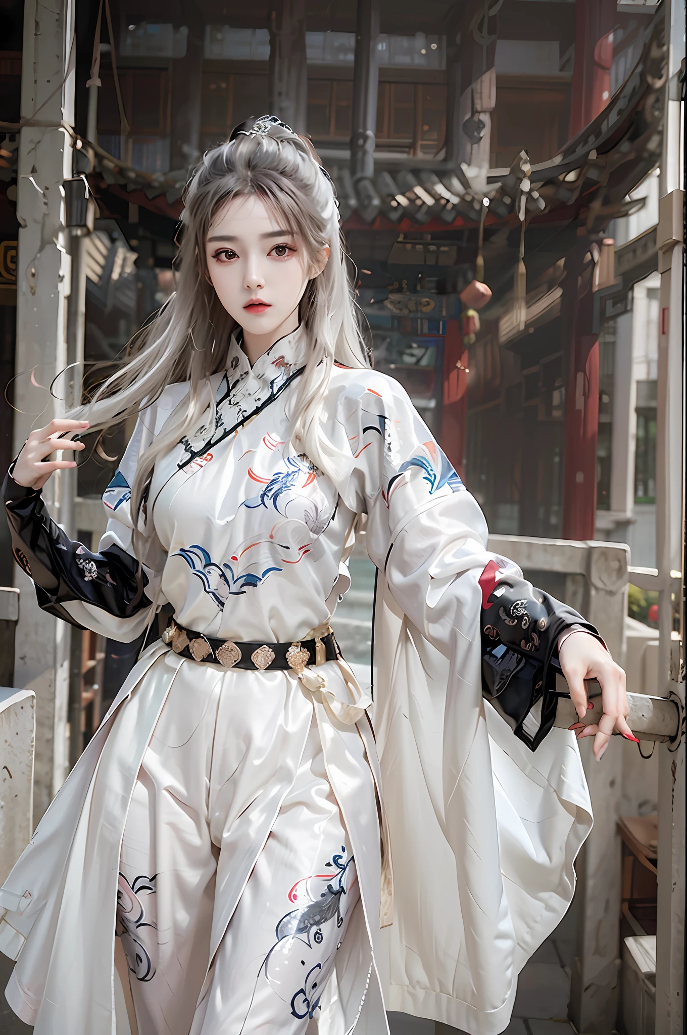 photorealistic, high resolution, 1 girl, hips up, beautiful eyes, white hair, long hair, ringed eyes, chinese clothes, feiyu