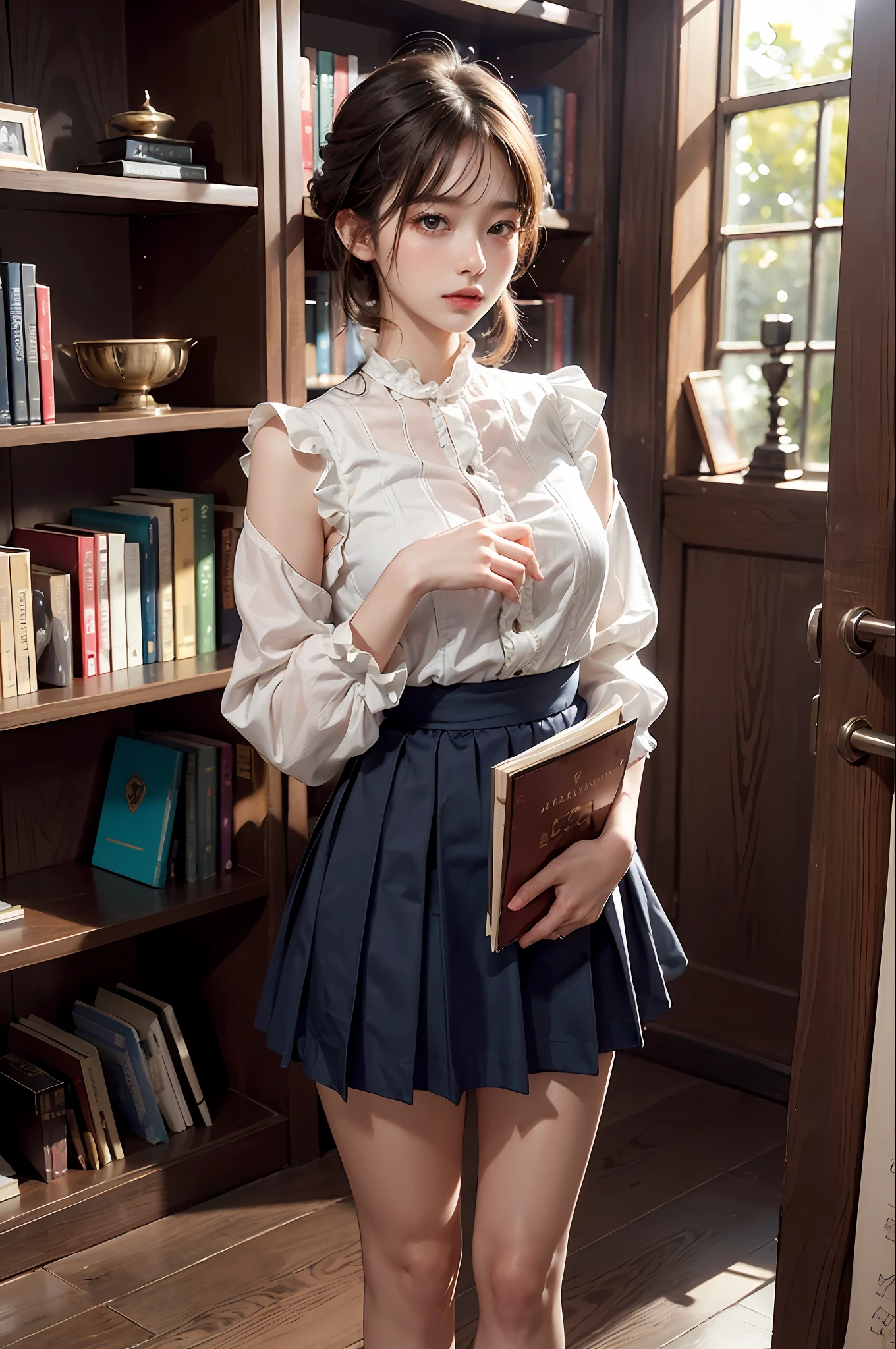30-year-old woman with、(hi-top fade:1.3)、length hair、Dark theme、Soothing tones、Subdued Color、highly contrast、(natural skin textures、Hyper-Realism、Soft light、sharp)、Capture the serene beauty of a young woman immersed in the peaceful atmosphere of the library。Soft diffused lighting gently illuminates her features、Emphasis on her delicate expression、Creates a quiet atmosphere。Library shelves full of books、Provides a background of knowledge and wisdom。Focus on capturing the natural charm and elegance of models、Maintains the essence of calm and reflective moments。Lovely 21-year-old Japan gravure model with soft, wavy gray-brown hair adorned with ribbons、You will be captivated with a seductive look。(White blouse with ruffles、Blue skirt with ruffles、I'm wearing white ankle socks with ruffles。Standing in front of a bookshelf、Exudes a melancholic charm)、Create a scene where beauty and ephemerality intertwine。