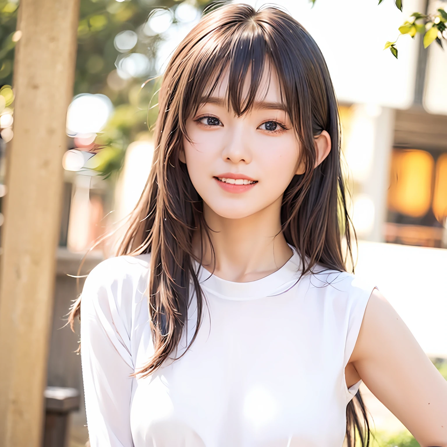 Very detailed eyes,very vey very detailed face,Best quality at best,Masterpiece,The is very detailed,ultra - detailed,(realisticlying,photographrealistic:1.3),ssmile,(facing the front there),looking at viewert,white shirt,exteriors,1girl upper body,middle breasts,Good light,The hair is dark and long,s girl,stylish bangs