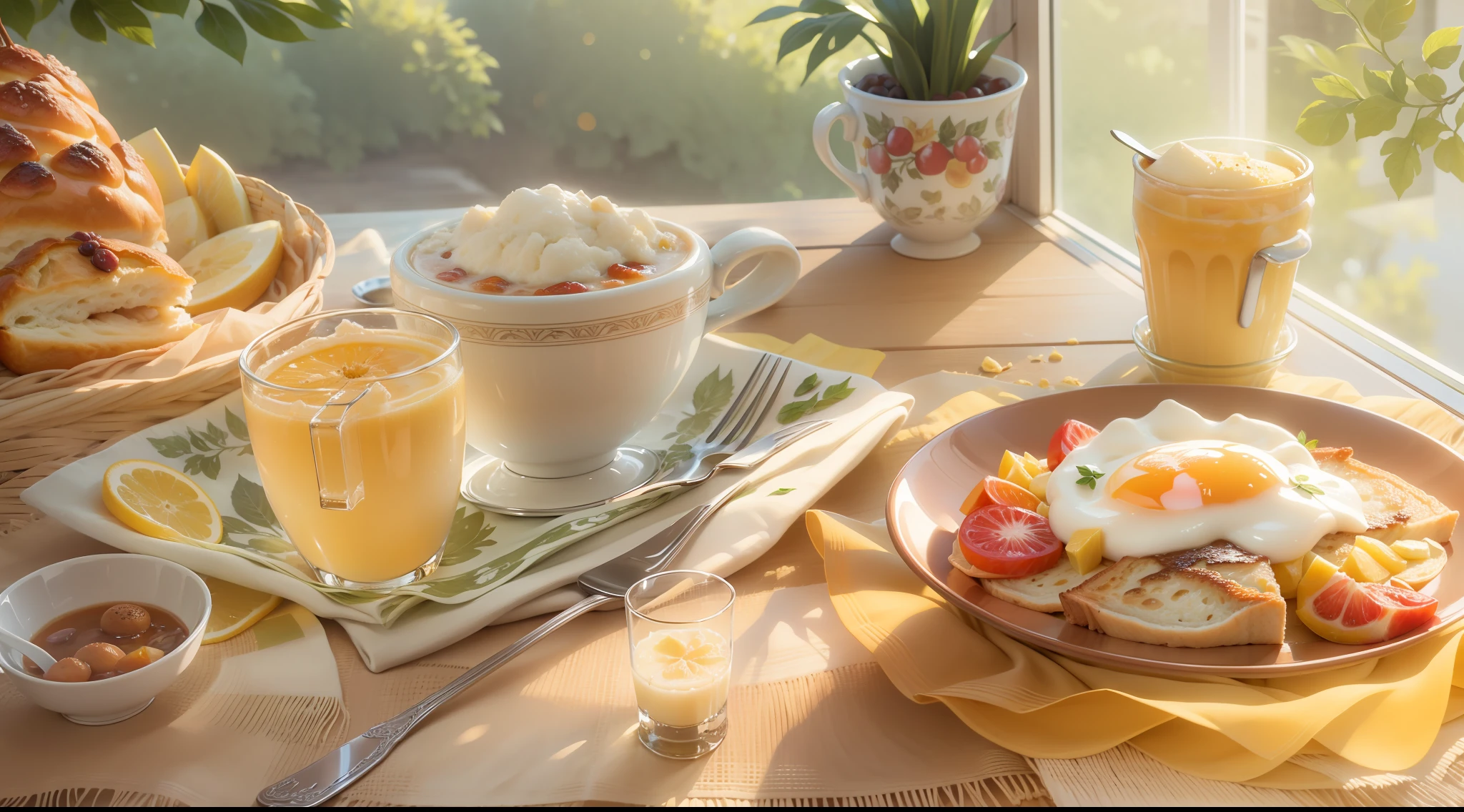 Sunny morning，A rich breakfast was set on the table