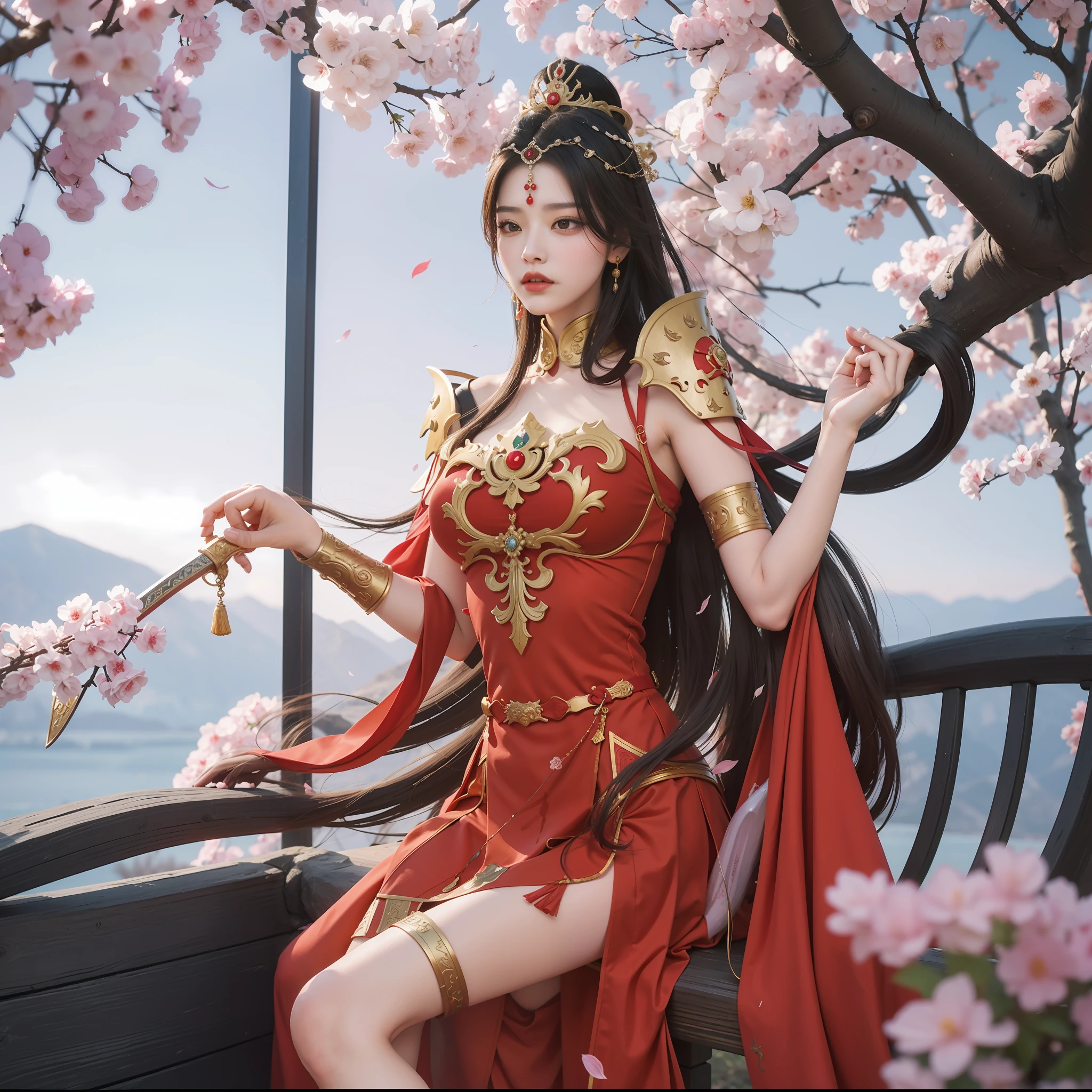 The Arad woman in a red dress sits on a bench with a sword, a beautiful fantasy empress, inspired by Du Qiong, inspired by Park Hua, Inspired by Lan Ying, lady in red armor, Palace , A girl in Hanfu, full-body xianxia, 8K high quality detailed art, inspired by Ju Lian, trending on cgstation