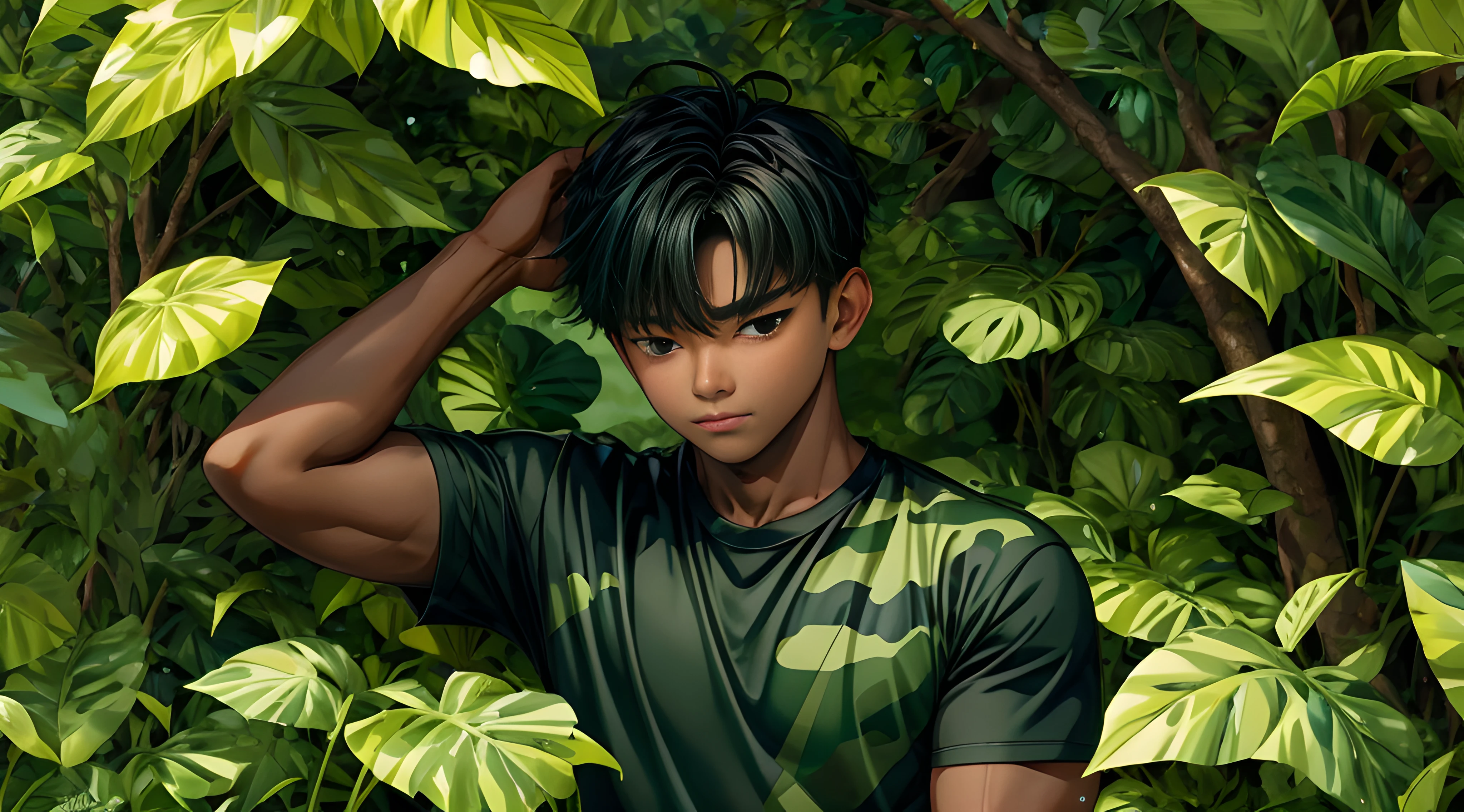 Masterpiece, 1 boy, Robust,Camouflage short sleeves，Dark  skin， Shy, face round, Black eyes，largeeyes，Stand among the green leaves