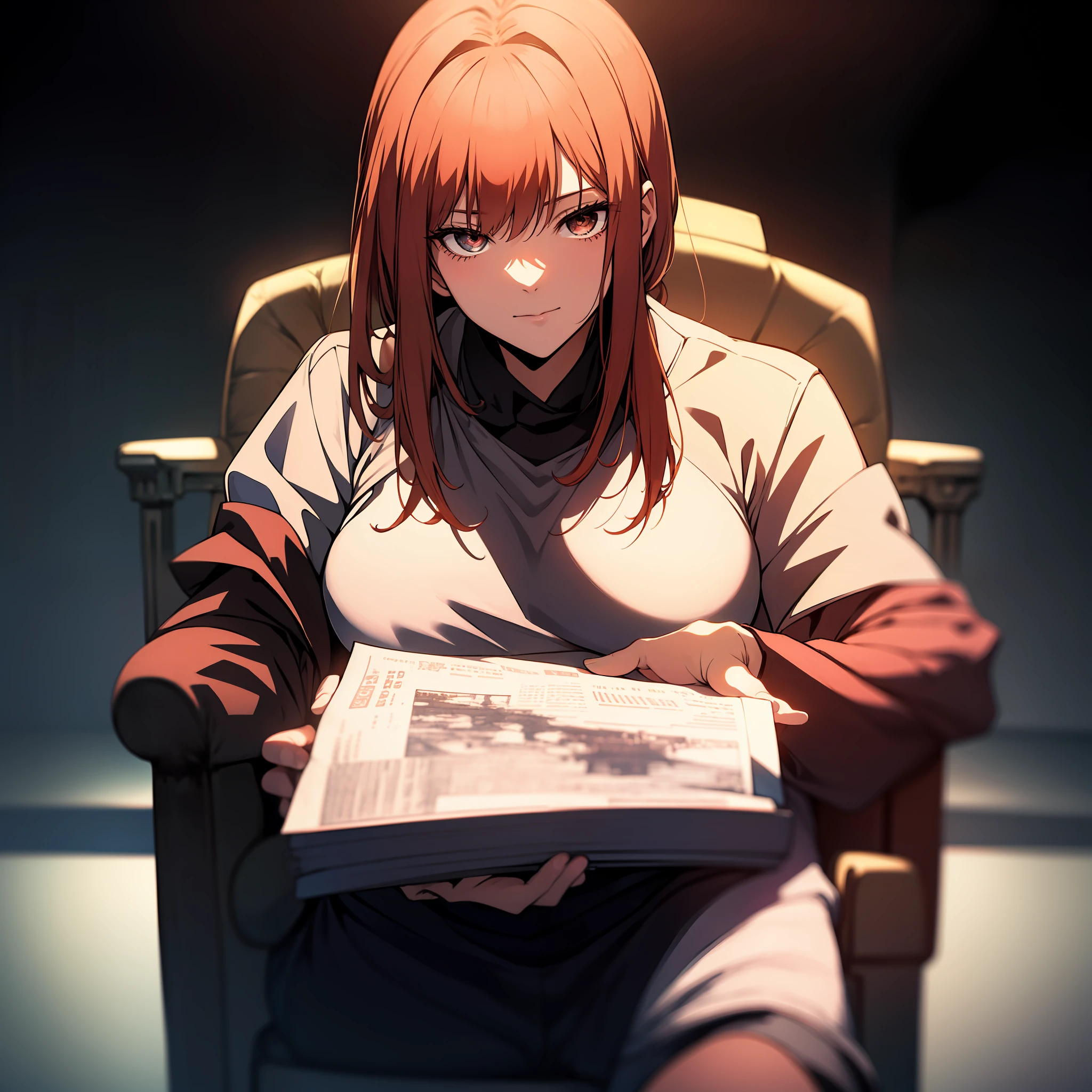(masterpiece), (best quality), Makima, chainsaw man anime Style, sitting on chair, black background, 1girl