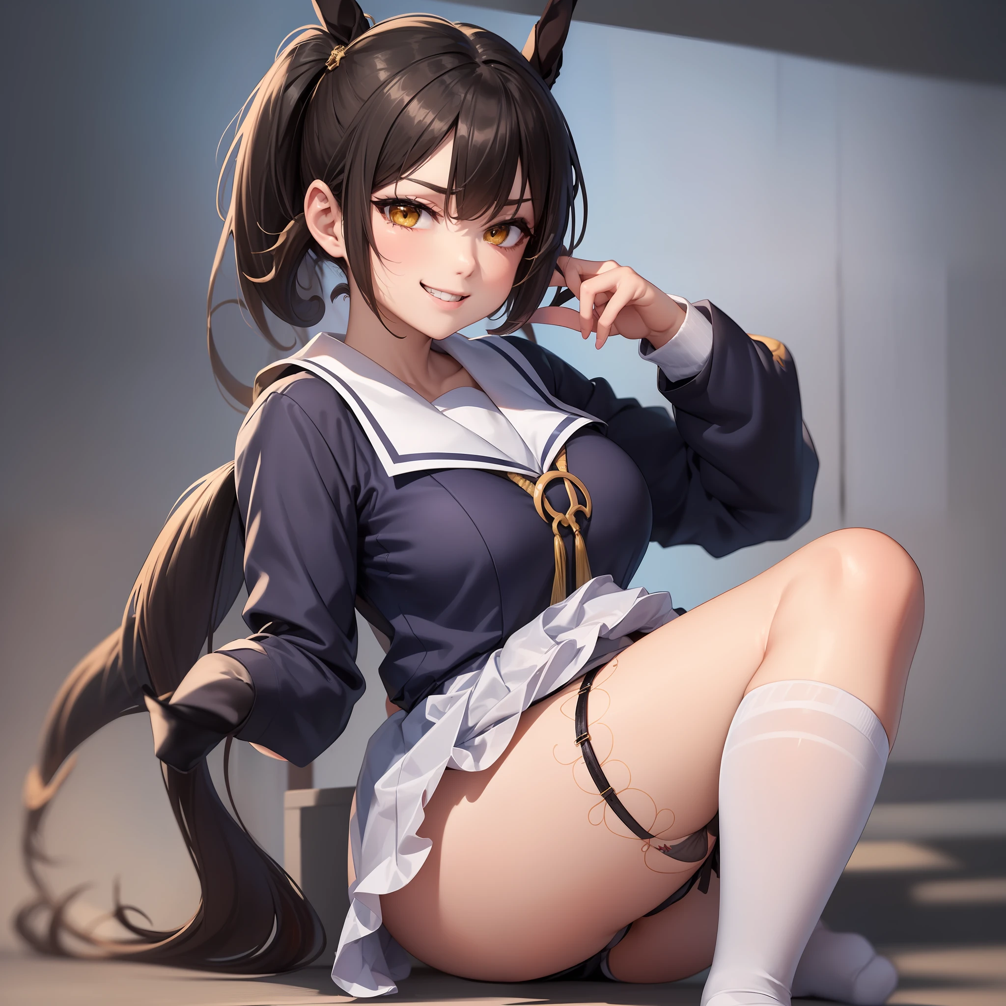 ((masterpiece、top-quality))、(Full body drawing:2)、Sit in front of the camera、Frontal shot、独奏、one girls、stairs at school、Classroom、sit in、(M-shaped legs:1.6)、Sit with your legs open、I can see my panties、sexy panty、Black sexy underwear、String panties、Clothes that are see-through with sweat、Perfect body、Mature look、tall、Tall Beauty、face perfect、Cute and beautiful face、Cute and beautiful girl、Elaborate and detailed faces、Beautiful hair、A dark-haired、(poneyTail:2.3)、Long hair that reaches to the waist、japanes、18year old、Dressing、(校服:2)、(student clothes:1.5)、White and black sailor suit、a sailor suit、Detailed and elaborate costumes、pleatedskirt、Detailed and elaborate costumes with beautiful frills、a miniskirt、(knee high socks:1.3)、Black socks、(garterbelts:1.8)、high-heels、hi-school girl、(Mean and evil smile:1.3)、Lightly open lips、Moist eyes、wide Shots、full-shot、constricted hips、thin-waist、clong legs、Beautiful feet、Skinny Legs、thick thight、(Huge ass:1.2)、perfect buttocks、perfect chest、See-through Valley、Bust with tension、Bust sticking to costume、(large full breasts)、