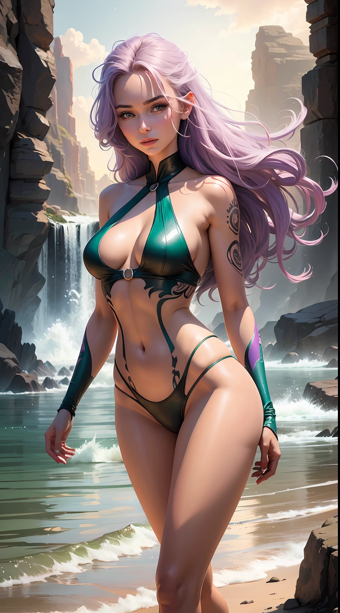 Real-life, full-body portrait of a young woman, 20 years old. perfect body, realistic perfect body composition, light purple hair blowing in the wind, wet body, waterfall scene. Beautiful realistic perfect green eyes, charming smile, make up the world's most beautiful perfect face overall, meticulously detailed hand-painted highest image quality. fair skin, good looking, tattoo art, sexy sexy liquid acrylic 2cm outfit, warm dreamy light, volumetric light, adventure style pulp, dynamic gradient, true color, illustration graphics, highly detailed vector curves, simple, smooth and clean, vector art, smooth, character design, cinema, surrealism, posters, masterpiece collection, sunset, wet pigment. High image quality, meticulous detail, perfect work realistic real people. Perfectly realistic beautiful hands and fingers. Highest quality virtual images. --auto